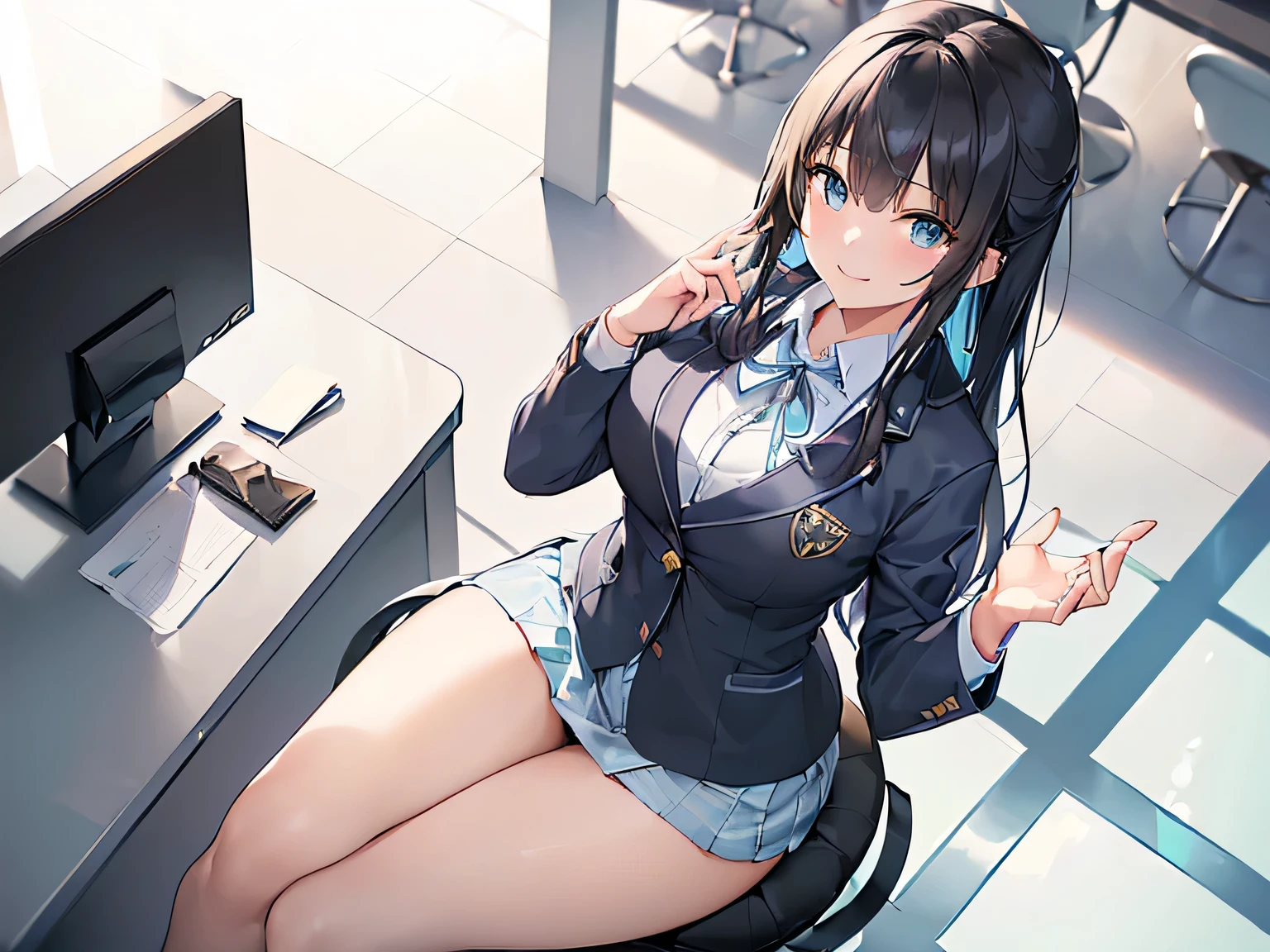 (Masterpiece, highest quality, high resolution, realistic photos, realistic looking skin:1.1),
(The woman is sitting on a mesh chair inside the reception counter of the company's general reception center, serving customers:1.8),
(She is looking at the viewer from slightly above the front, so you can see her panties: 1.8),
(She has a smiling expression: 1.5),
(She is wearing a white collared shirt, a light blue blazer and a mini-skirt of the same light blue color: 1.5),
(She wears a ribbon around her neck and a name plate on her left breast:1.5),
(She is a receptionist, so all her shirts and blazers are buttoned up: 1.8),
(She is wearing pumps: 1.5),
(Panties are white glossy material:1.5),
(She has medium black hair: 1.5),
(The location is inside the reception counter of the company's general reception center:1.5),
1 Japanese girl, solo, full bodied esbian, beautiful eyes, glowing eyes, glowing thighs, NSFW
