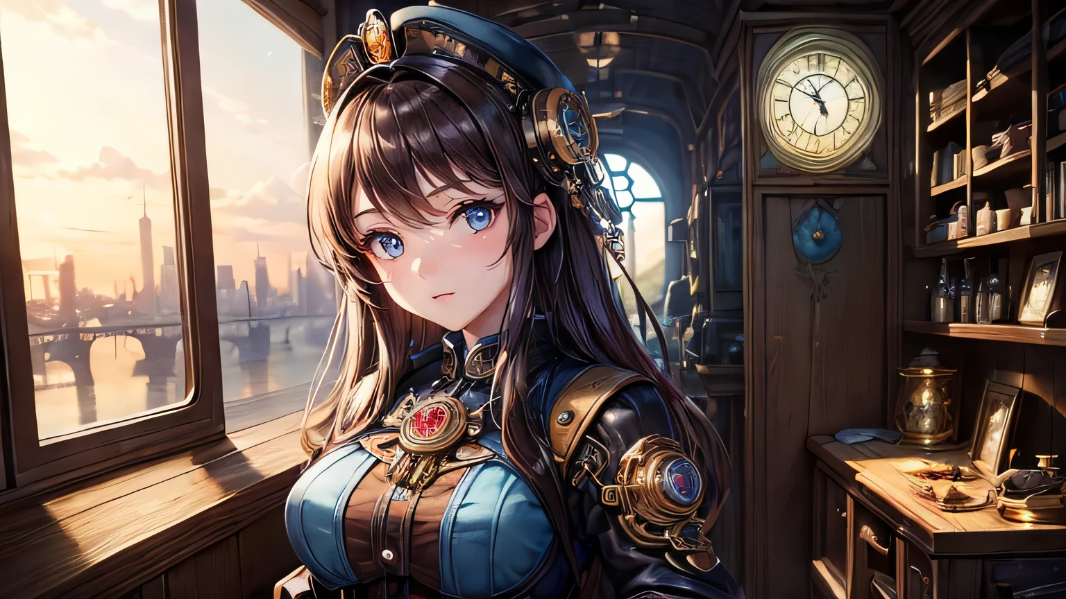 ((masterpiece, highest quality, Ultra Clear, High resolution)), alone, beautiful girl, Shining Eyes, Perfect Eyes, , Blue Theme, steampunk,Brown Hair,evening,Steampunk scenery,gear,clock,Steam engine,