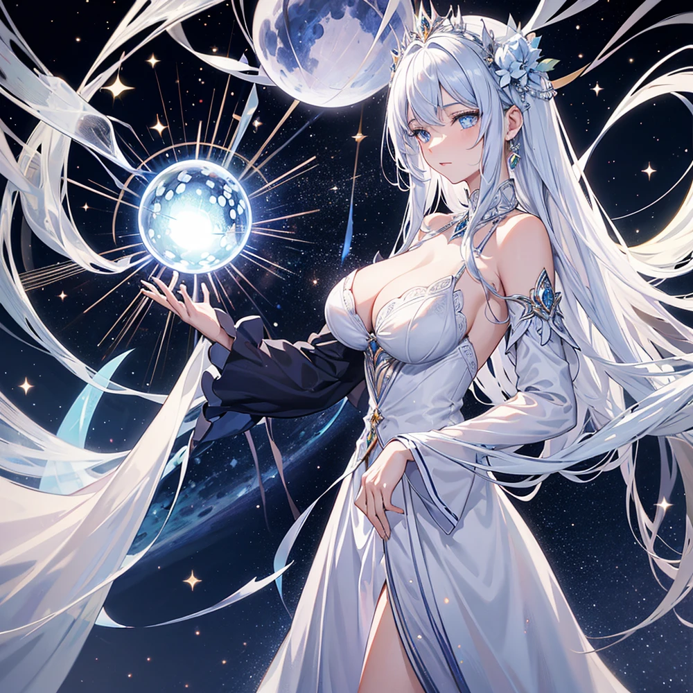 Aria, la Gardienne de la Tour Cosmique, is an imposing figure with a pearly complexion, surrounded by an ethereal aura of swirling energy balls. His blue eyes burst with ancient wisdom, tandis que des étincelles d'éclairs cosmiques dansent dans leur iris. Her jet black hair seems woven with stars, irradiant une lueur mystique, as shimmering balls of energy intertwine with their glow. Elle porte une robe changeante aux motifs tourbillonnants rappelant les tempêtes célestes, et son aura majestueuse mêle l'éclat des étoiles à la force des tempêtes galactiques.