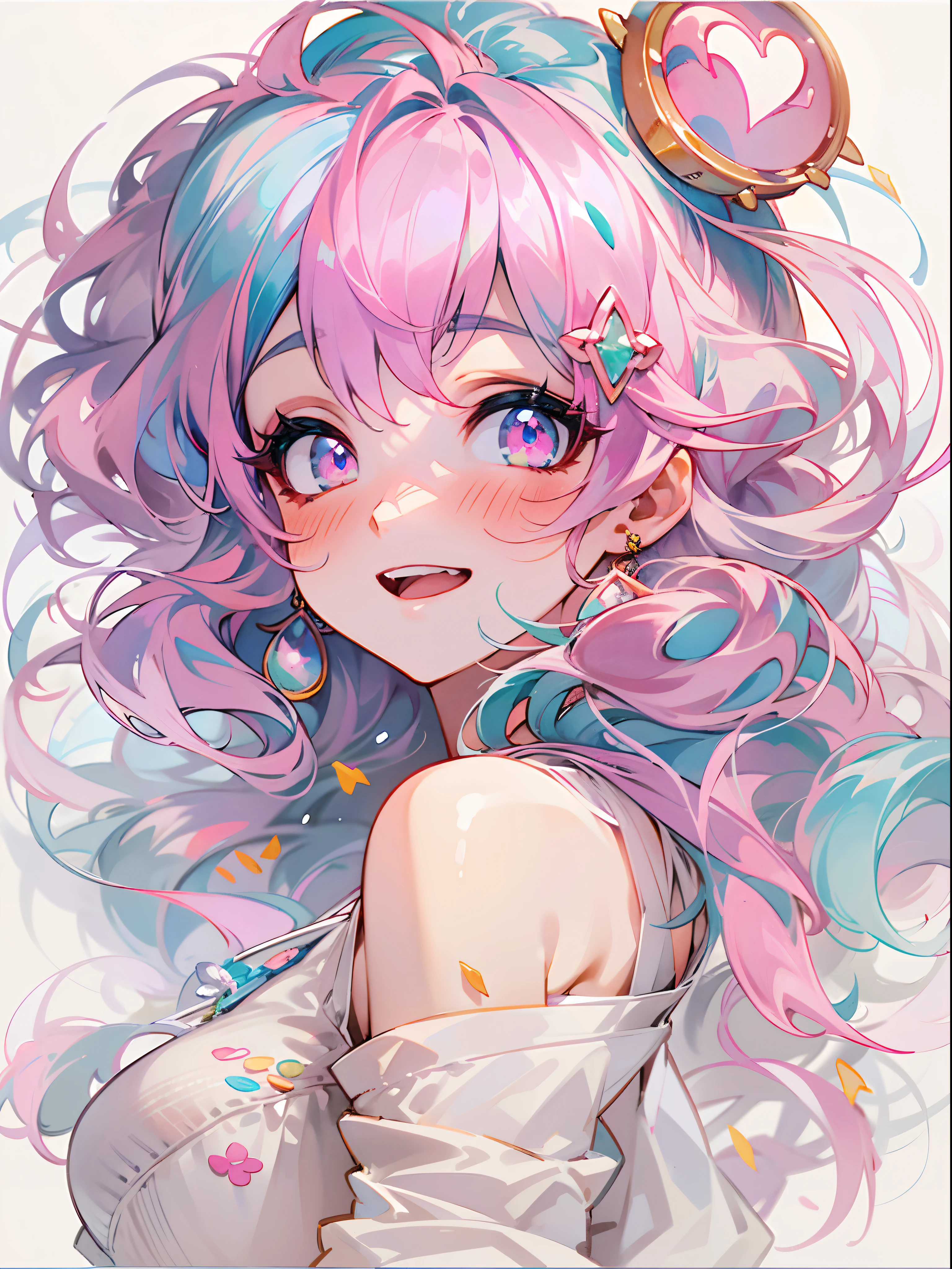 ((best quality, 8K, masterpiece: 1.4)),((Amazing details: 1.3)),((illustration,Large Breasts: 1.2)),((High Resolution 1.1)),1 Girl,watercolor,watercolor,rich and colorful,Bubble Head,Pink Hair,Kawaii,Fangs, Grin, Colorful eyes, gradient eyes, heart shaped earrings, Hairpin, Depth of Field, Perspective, from above, Beautifully,Japanese Anime,
