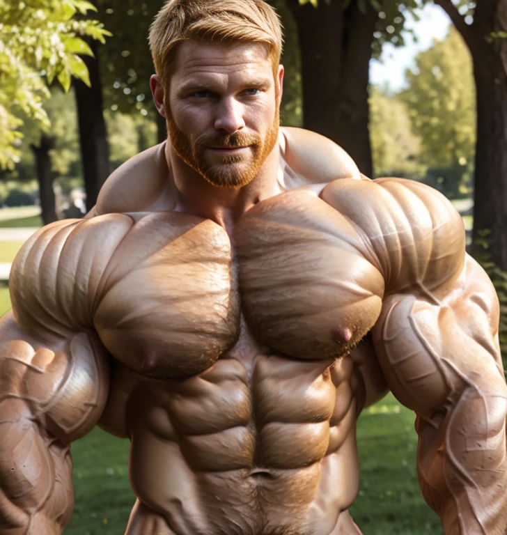 realistic, park, sunny day, Ginger-haired male figure with well-defined, hyper-realistic musculature (muscle definition:1.4). Chest and abdominal muscles appear toned and chiseled, with visible fibers and striations (chest muscles:1.6). Skin has a lifelike, organic texture with subtle imperfections (skin realism:1.5)., rippling chest