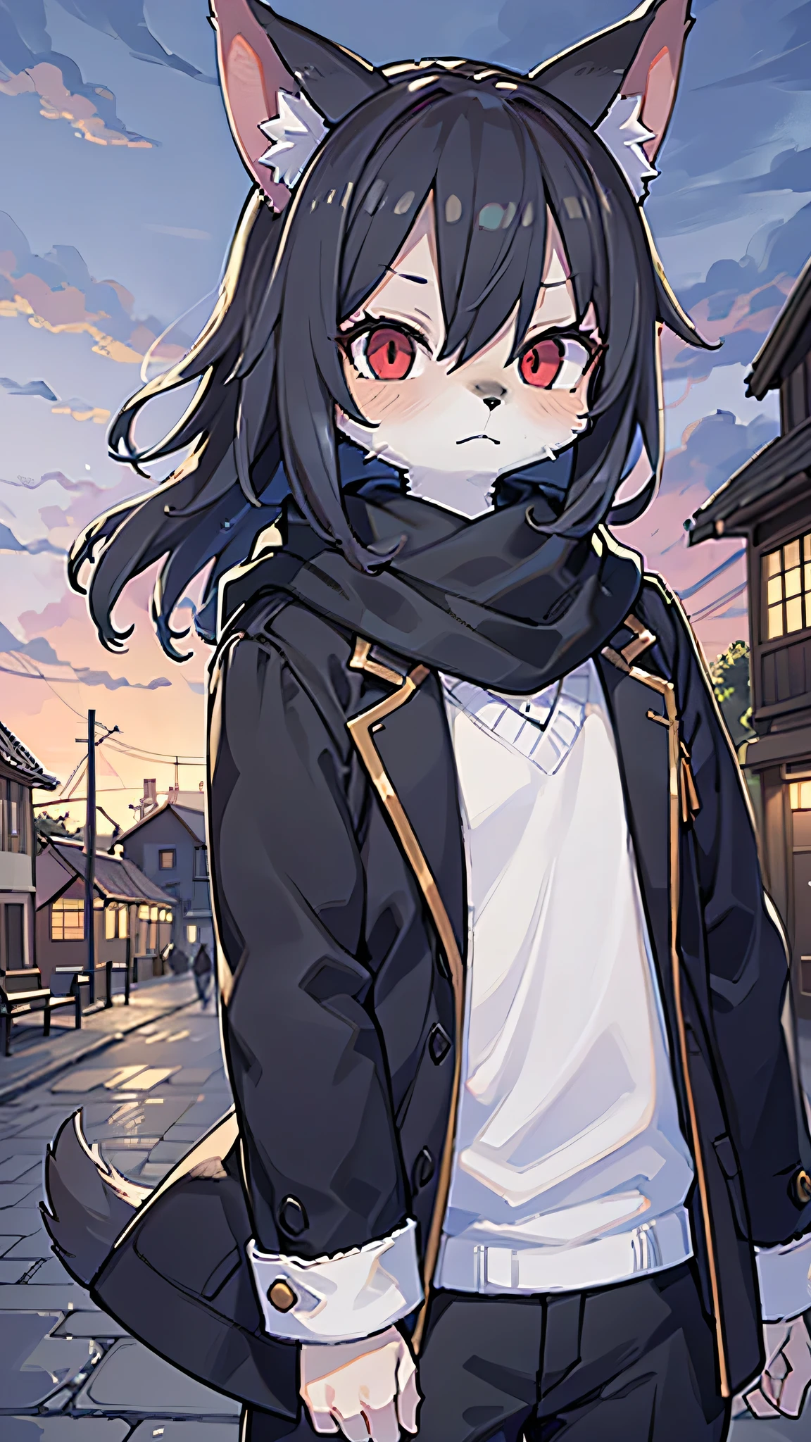 (masterpiece, highest quality), Intricate details, 8k, Wolf, whole body, (1 person), Red eyes, Slim figure, furry, Short Hair, anime, low, Black Hair, Town, 10th Generation, The wind is blowing, Hair is flowing, Expressionless, Upper Body, Scarf, male, Black coat, Black trousers, cool
