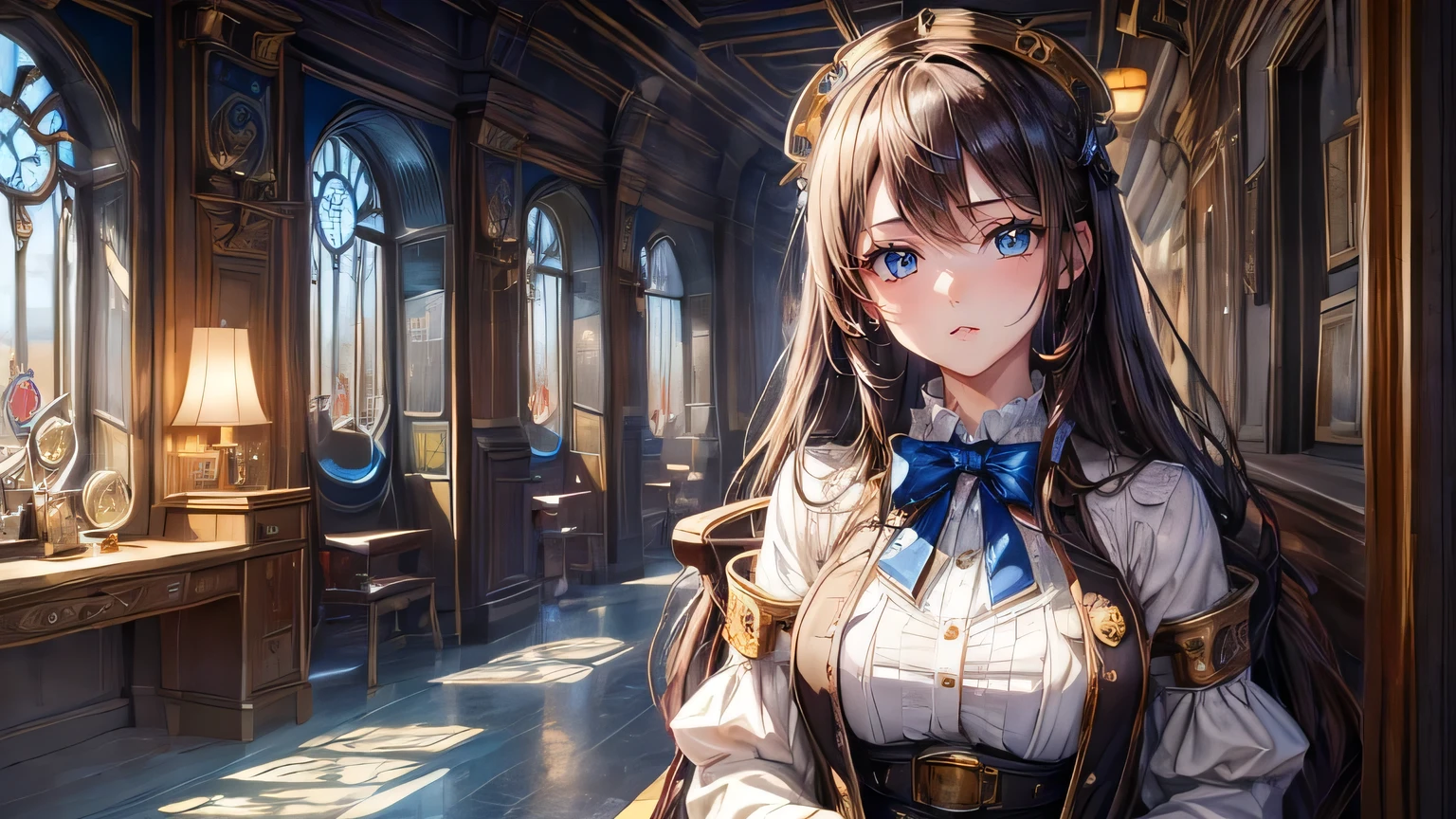 ((masterpiece, highest quality, Ultra Clear, High resolution)), alone, beautiful girl, Shining Eyes, Perfect Eyes, 16 years old, Blue Theme, steampunk,Brown Hair,evening,Steampunk scenery,gear,clock,Steam engine,steampunk gadgets,