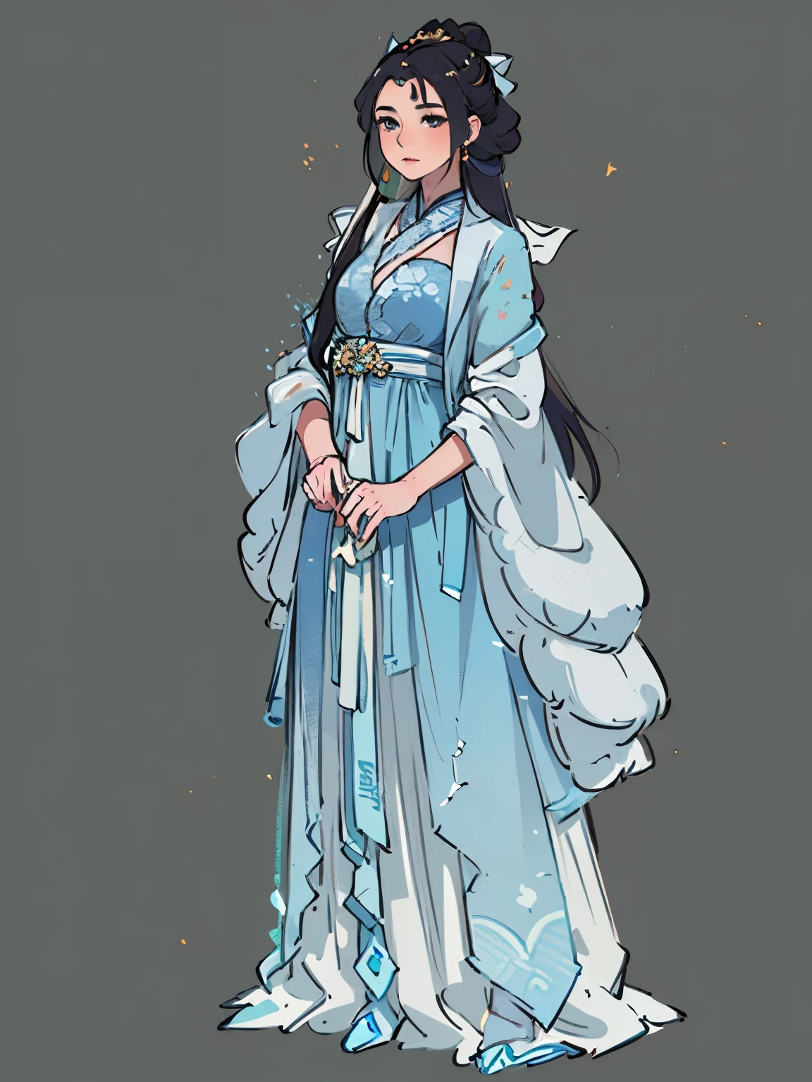 Wearing a blue dress、Arav woman holding a fan and a hand, Fantasy style costumes, Hanfu, palace , a girl in Hanfu, Wearing Chinese clothes, Dreamy dress, white Hanfu, beautiful fantasy queen, Ethereal fantasy, Fantasy Costume, Wearing a flowing dress, full body xianxia, Chinese Princess, Ethereal Beauty, Wearing fantasy formal attire