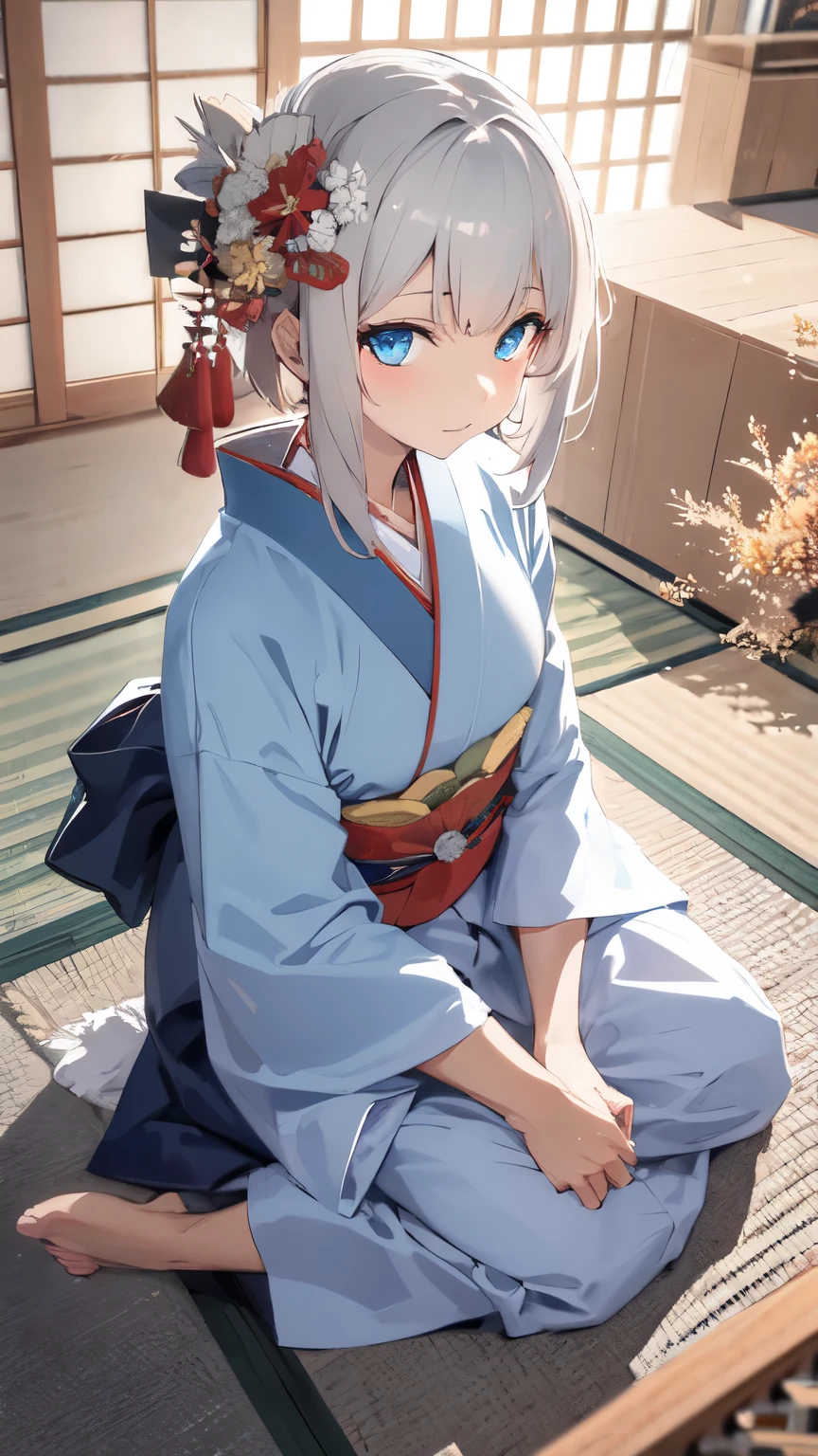 1Lady, short white hair, blue eyes, wearing Kimono, flower fields, high res, ultrasharp, 8K, masterpiece, looking at viewer, traditional japanese, absurdres