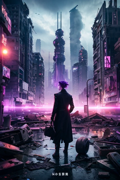 highest quality、A ruined futuristic city、dim、purple、Surrealism