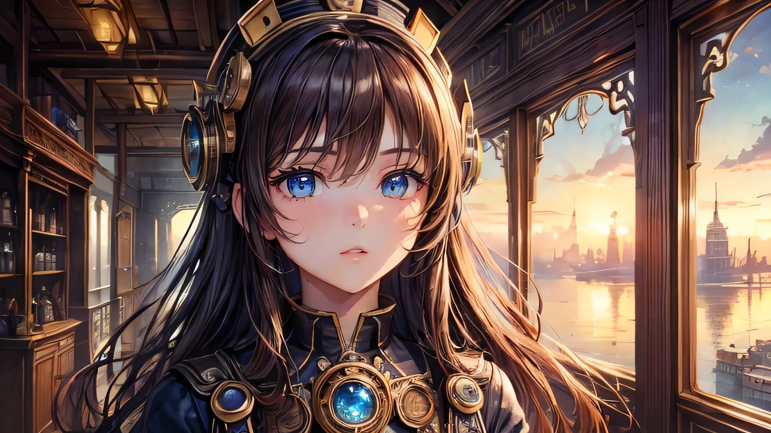 ((masterpiece, highest quality, Ultra Clear, High resolution)), alone, beautiful girl, Shining Eyes, Perfect Eyes, , Blue Theme, steampunk,Brown Hair,evening,Steampunk scenery,gear,clock,Steam engine,steampunk gadgets,