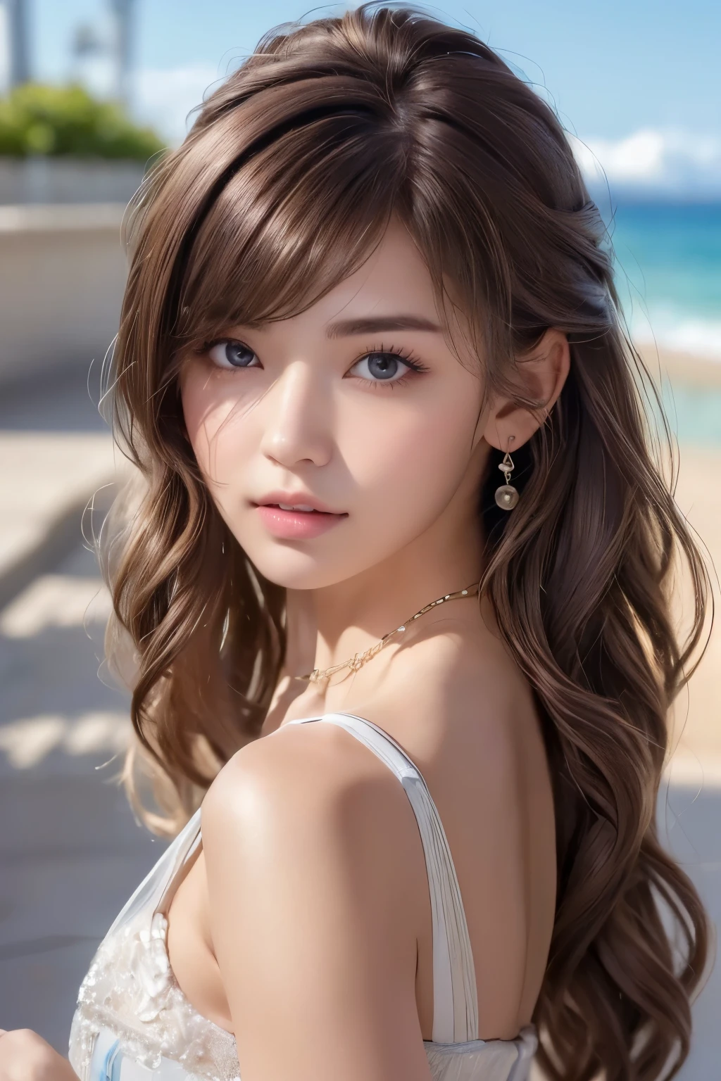 ((Genuineライティング、highest quality、8K、masterpiece:1.3))、8K、Clear focus:1.2、(nude:1.2)、((Genuine)) 、((Genuine light、highest quality) )、Model Body Type:1.4、(Dark brown hair、outside:1.8)、Dark brown eyes、Long Hair、Resort、At Nangoku Hotel、(24-years-old:1.3)、Ultra detailed face、Fine grain、double eyelid、necklace、Put your hair over one eye、High heels、eyeliner、Combing your hair、Blue sea view、liberation、Model pose、