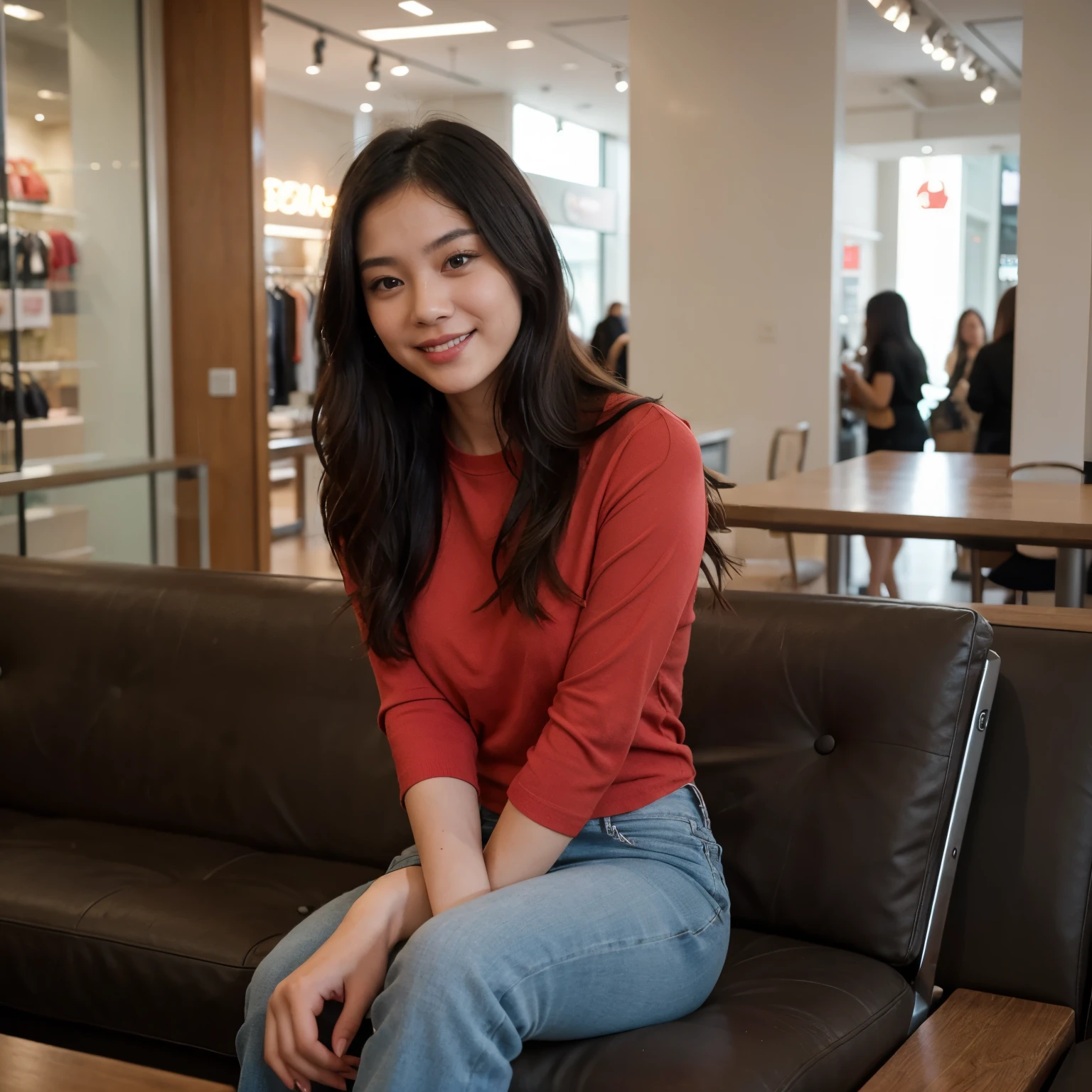 A stunningly cute 22-year-old Asian woman with smooth, glowing skin, long silky black hair, and sparkling brown eyes. She is wearing a stylish red shirt and black jeans. She is sitting in a modern, upscale mall on a comfortable bench. Her smile is warm and inviting, exuding youthful energy and charm. The background includes the mall's chic interior with stylish stores, bright lighting, and people casually walking by