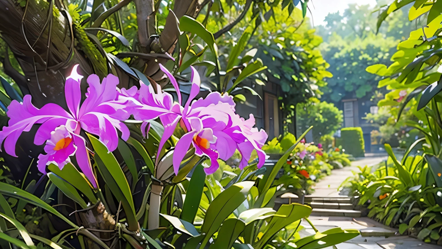 (masterpiece, highest quality:1.2), (cattleya, solo, 3-flowers, close-up, full body, full bloom, garden, nature, habitat )、Soft Focus、Blur the background、