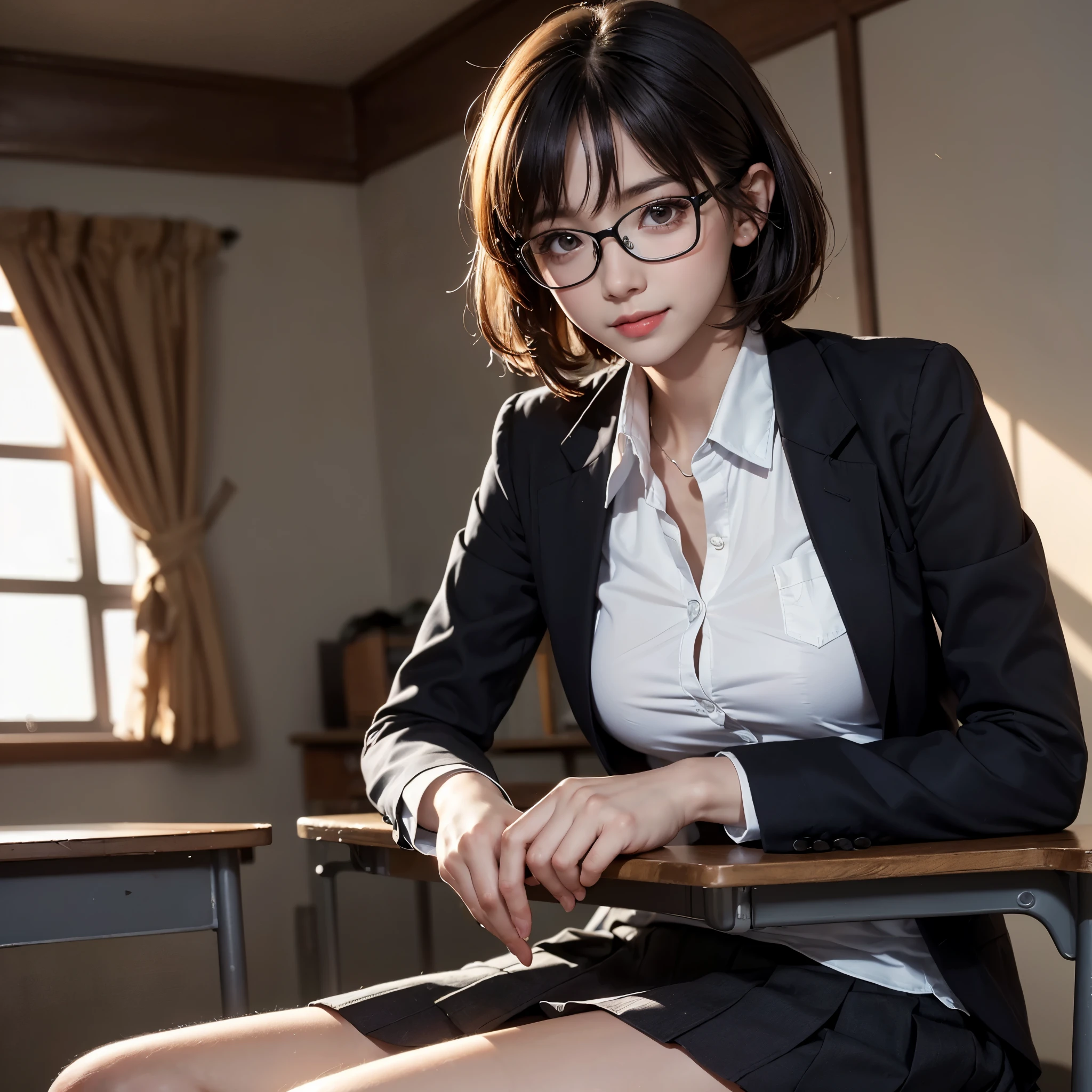 8K, UHD, Smile, natta, Raw photography, (Glasses, Smile:1.3), (((Ultimate Beauty Portrait))), ((glistning skin)), 1 girl solo, 18 year old beautiful girl in Prague, bright expression, ((Black hair, Short Hair, Bub Cut:1.5)), (School Uniform, Blazer, Mini-Skirt, White-Shirt, Ribbon:1.3), ((Big eyes that shine)), Breasts, panthyhose, Glossy glossy skin, sitting on a Chair, Desk, (from side), Under the skirt, (Close-up of underwear), eye liner, Beautiful bangs, Hair between the eyes, ((masterpiece, top-quality, ultra-detailliert, Film Light, intricate-detail, hight resolution, ighly detailed)), (In the Clasroom, After School:1.4), Digital SLR, Soft light, hightquality, Film grain, FujifilmXT3, Shallow depth of field, natural soft light, (Large breasts), rim lighting, cinematic lighting
