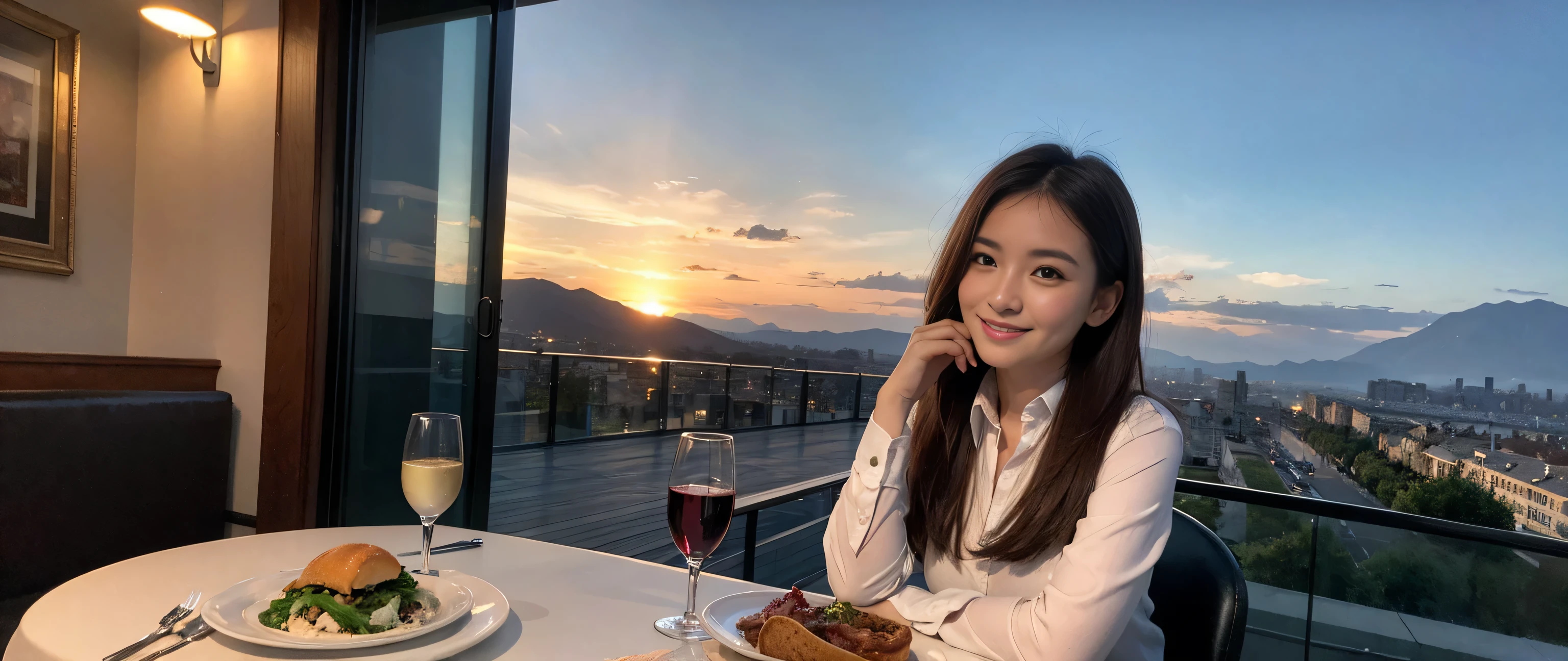 ((highest quality、8k、masterpiece:1.3))、2 people、1 male, 1 female、couple、Lovers、Couple、Slim body、((Bob Hale、Straight hair:1.2))、(to be born, highest quality, masterpiece:1.5), (Realistic, Intricate details:1.2), Wine glass on the table、Shine light on your face、 Amazing view of the sunset sky and clouds、Amazing mountain views、A bright smile、The wonderfulness of smile、Bright image、The beauty of wine, Beautiful Face, blue eyes, The light shines on your face, Blushing, short hair,Bright Face、 (43 years old), 39 years old, red wine 、Appetizers、Italian food、Wine bottle、Champagne、sparkling wine、Two beauties、Brown Hair、Shortcuts、Long sleeve shirt、dress、Pretty Woman 1, (Slim face), (The body is slim), (Brown Hair), (Shortcuts), cheeks turn a little red,Attractive beauty、, Out of the window, A beautiful and detailed night view unfolds.........., restaurant, In a prominent place (From the waist up) Nova Frog Style, actress, model, Upper Body, White wine, slim, wine glass, A wine glass placed in the middle, smile, (smile: 1.15), Beautiful fine grain, Depth f/2,saturation, High Contrast, Strong light and shadow,Moist Body:1.5、3D texture、Delicate eyes、Brown Hair、The hair is very shiny、