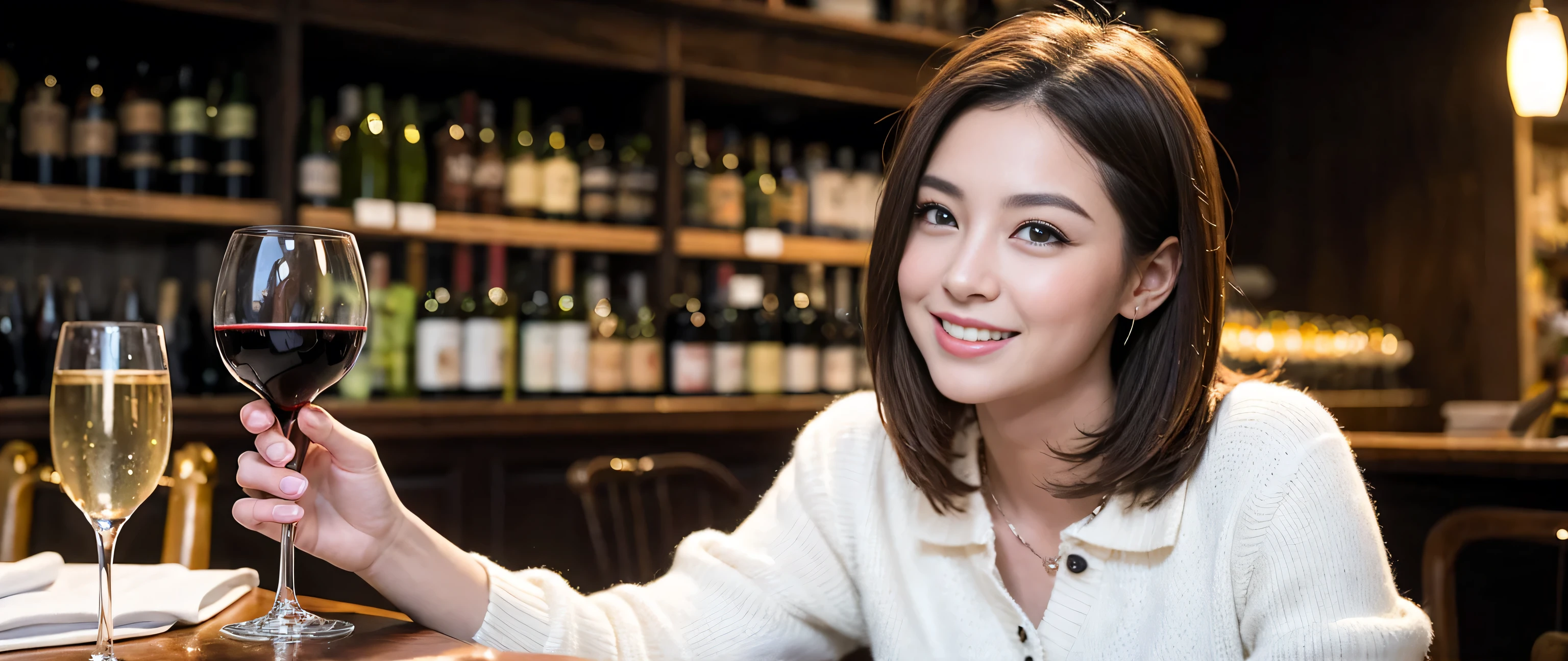 ((highest quality、8k、masterpiece:1.3))、2 people、1 male, 1 female、couple、Lovers、Couple、Slim body、((Bob Hale、Straight hair:1.2))、(to be born, highest quality, masterpiece:1.5), (Realistic, Intricate details:1.2), Wine glass on the table、Shine light on your face、 Amazing view of the sunset sky and clouds、Amazing mountain views、A bright smile、The wonderfulness of smile、Bright image、The beauty of wine, Beautiful Face, blue eyes, The light shines on your face, Blushing, short hair,Bright Face、 (43 years old), 39 years old, red wine 、Appetizers、Italian food、Wine bottle、Champagne、sparkling wine、Two beauties、Brown Hair、Shortcuts、Long sleeve shirt、dress、Pretty Woman 1, (Slim face), (The body is slim), (Brown Hair), (Shortcuts), cheeks turn a little red,Attractive beauty、, Out of the window, A beautiful and detailed night view unfolds.........., restaurant, In a prominent place (From the waist up) Nova Frog Style, actress, model, Upper Body, White wine, slim, wine glass, A wine glass placed in the middle, smile, (smile: 1.15), Beautiful fine grain, Depth f/2,saturation, High Contrast, Strong light and shadow,Moist Body:1.5、3D texture、Delicate eyes、Brown Hair、The hair is very shiny、