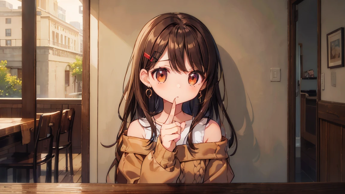 (Tabletop、8k、masterpiece、highest quality)、((Half Up、))Cookie Hairpin、Brown eyes、Brown Hair、length、Fluffy hair、Red nails、Earrings、Delicate eyes、Brown outerwear、Light brown sweater、((((Upper Body))))Audience'Perspective、profile、Body side、()