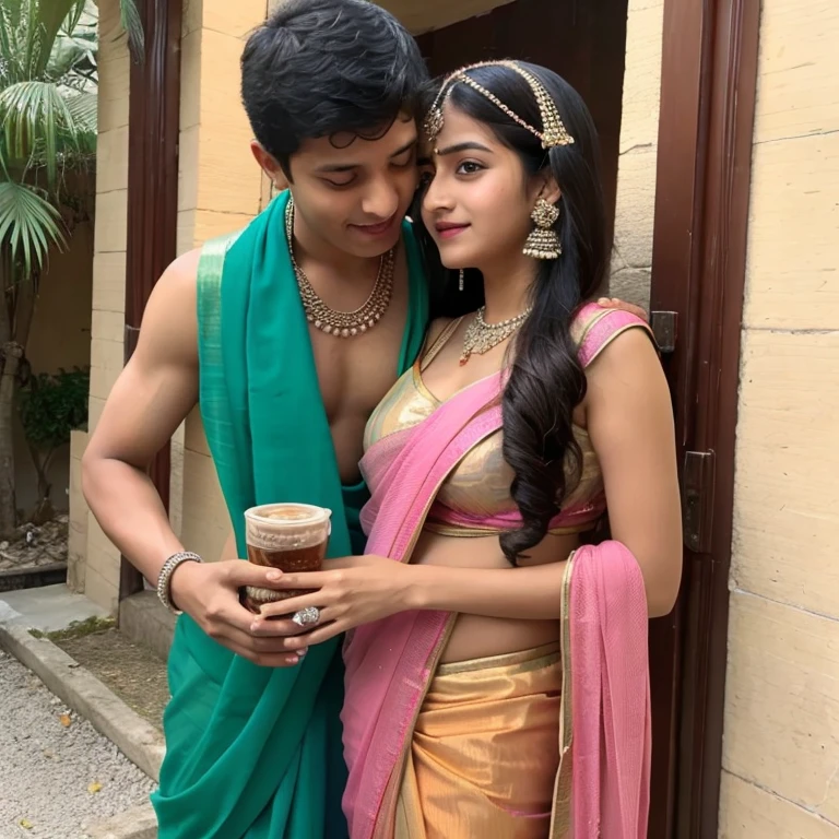 16 year old boy and girl, the boy has a beer bottle in his hand, the boy has spilled beer on the girl's roshnithe boy is wearing a blue shirt, the name abutalib is written on the shirt, red saree. She is wearing a saree, smile, name is written, it looks romantic to me, real image in quality 8k