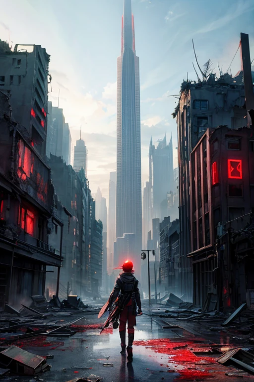 highest quality、A ruined futuristic city、dim、red、Surrealism
