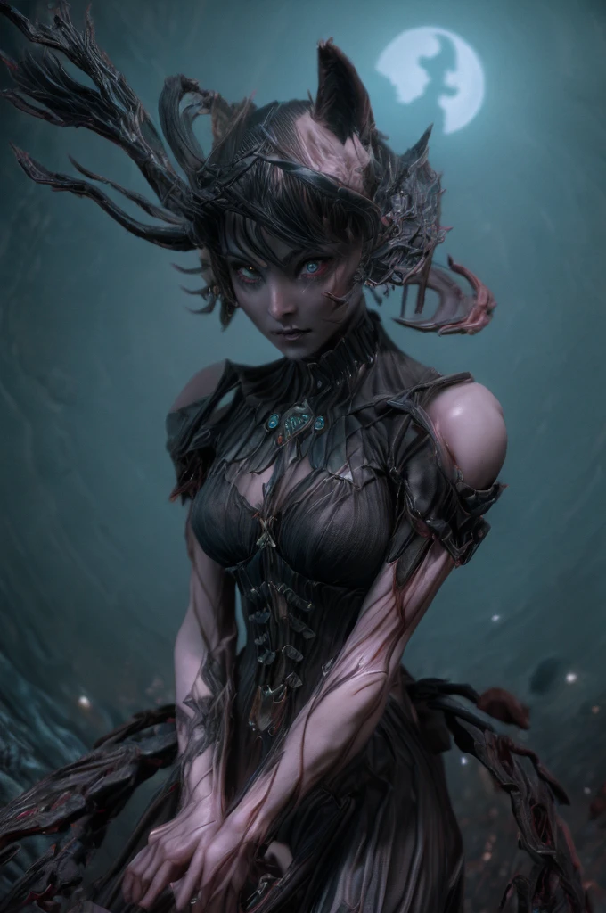 Fantasy art 8k,Masterpiece pmmkr2024,highest quality, Trending on Art Station,Calm,quiet,highest quality,Lycan,evil,dark,spooky,woman,Creepy and cute,Fantasy art,necromancy,dark