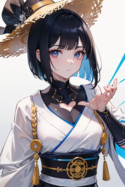 (Masseter muscle area,highest quality,Super detailed), (Detailed face), Poster, High resolution, A girl wearing a straw hat, (View from the front), (cyber punk), (Lucy), Black Hair, (Black hair with bangs,), (Bobcut), Two-tone hair, Gold Eye, White kimono, Upper body, Flat Chest, (Beautiful detailing: 1.1), (Detailed hands), (Detail Light: 1.1), Film Light, Fair skin, (Looking at the audience), Fashionable, Textured skin, Super detailed,