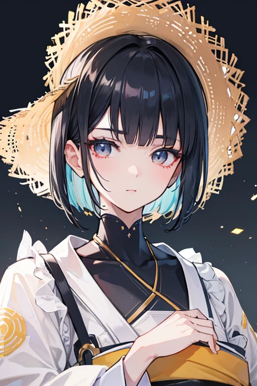 (Masseter muscle area,highest quality,Super detailed), (Detailed face), Poster, High resolution, A girl wearing a straw hat, (View from the front), (cyber punk), (Lucy), Black Hair, (Black hair with bangs,), (Bobcut), Two-tone hair, Gold Eye, White kimono, Upper body, Flat Chest, (Beautiful detailing: 1.1), (Detailed hands), (Detail Light: 1.1), Film Light, Fair skin, (Looking at the audience), Fashionable, Textured skin, Super detailed,