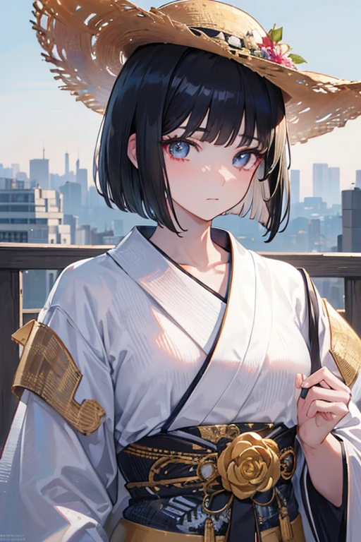 (Masseter muscle area,highest quality,Super detailed), (Detailed face), Poster, High resolution, A girl wearing a straw hat, (View from the front), (cyber punk), (Lucy), Black Hair, (Black hair with bangs,), (Bobcut), Two-tone hair, Gold Eye, White kimono, Upper body, Flat Chest, (Beautiful detailing: 1.1), (Detailed hands), (Detail Light: 1.1), Film Light, Fair skin, (Looking at the audience), Fashionable, Textured skin, Super detailed,
