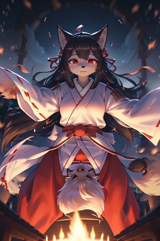 Bokeh , (zoom blur:1.5) , 1 hairy fox girl and 1 traditional Japanese ghost , realistic hairy fur , Straight black Long Hair , Round face, swollen cheeks,round eyes , neat hair ties , Japanese Shrine Maiden Clothing , dynamic Onmyoji Ritual action , Monster Extermination , (hand seal:1.5) , (The wind is blowing from the front to the back:1.5)