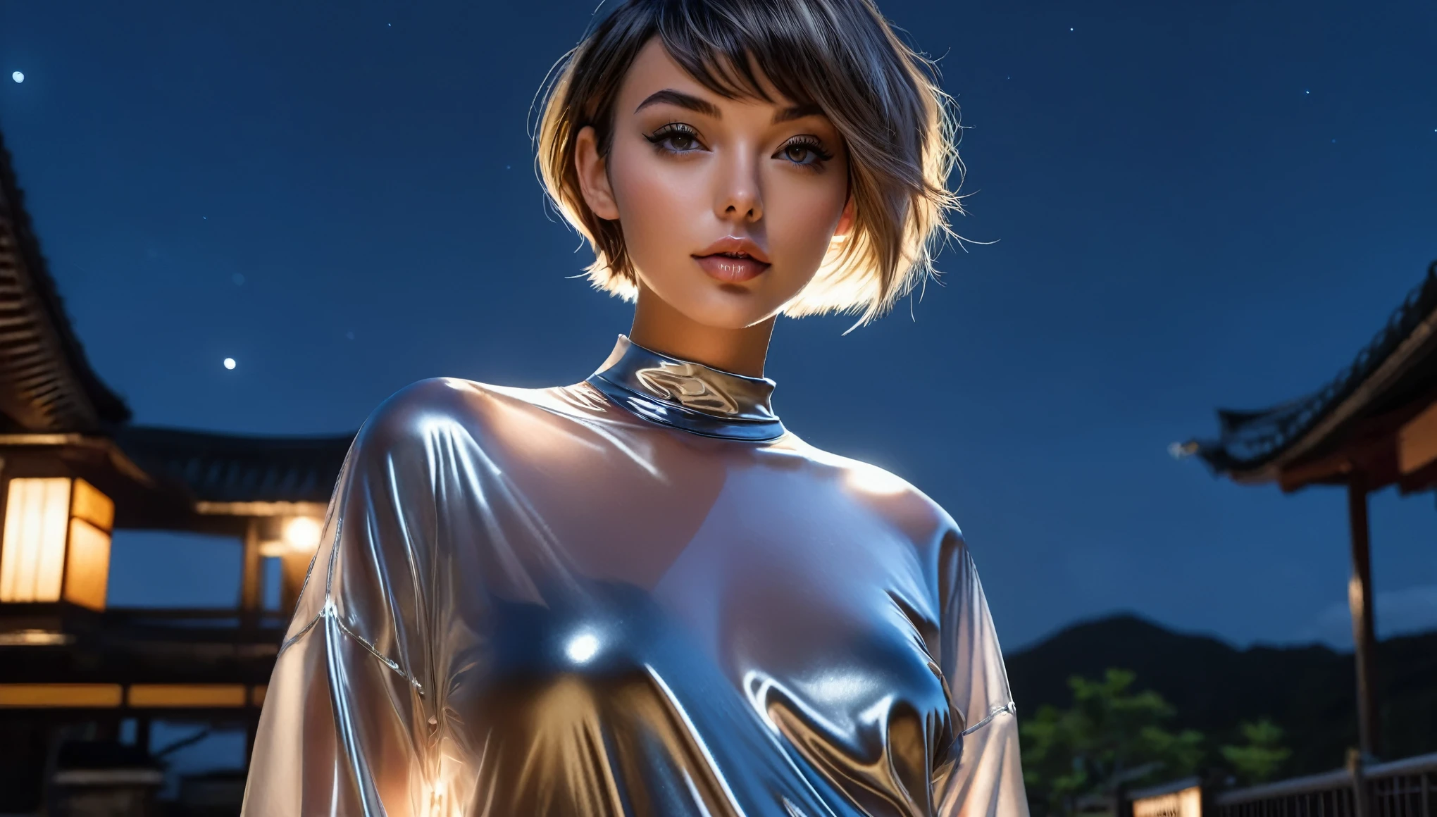 Top Quality, Masterpiece, High Resolution, 8k, wide objective, full body shot, ((cute tanned girl in a silky oversized see-through jumpsuit, short pixie asymmetrical hair, small perky breasts, beautiful detailed eyes, beautiful detailed lips, extremely detailed face, no lipstick, no makeup, in onsen, at night, very dim light from one side))