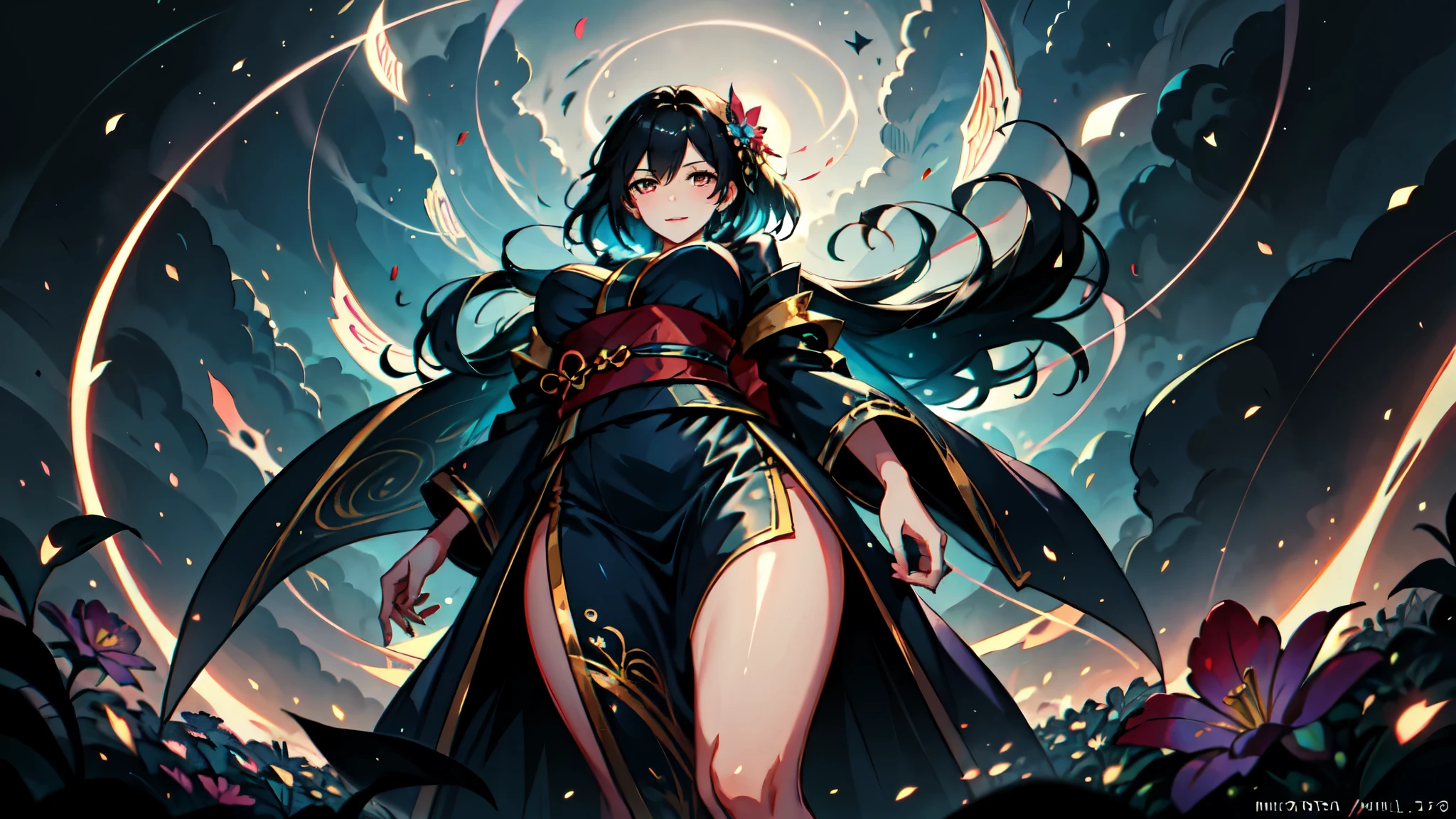 The background is a vivid and beautiful landscape of flowers and winds、A lively beautiful girl with short black hair wearing a miniskirt and a black modern kimono、A kind smile、Tempting Hands、Healthy thighs、Large Breasts、Peeking into this、Angle from below、Neat and clean appearance、Ladylike atmosphere、Curvaceous、Anime Art Wallpaper 8K, Highly detailed digital art in 4K, Vibrant colors
