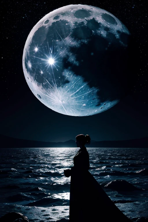 highest quality,Big moon and shadow,A silhouette of a person can be seen against the backdrop of a large moon.,There is one full moon,There is a mood,Beautiful scenery,Starry Sky