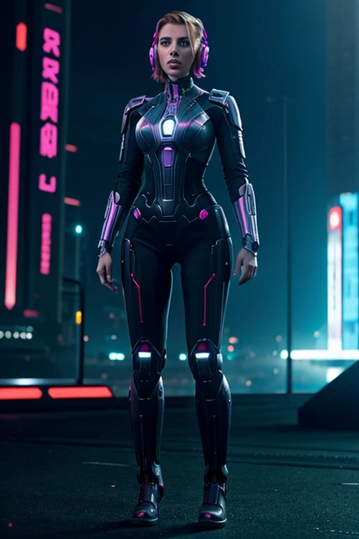 Full body, fully modest, Scarlett Johansson as android cyborg in cyber punk city