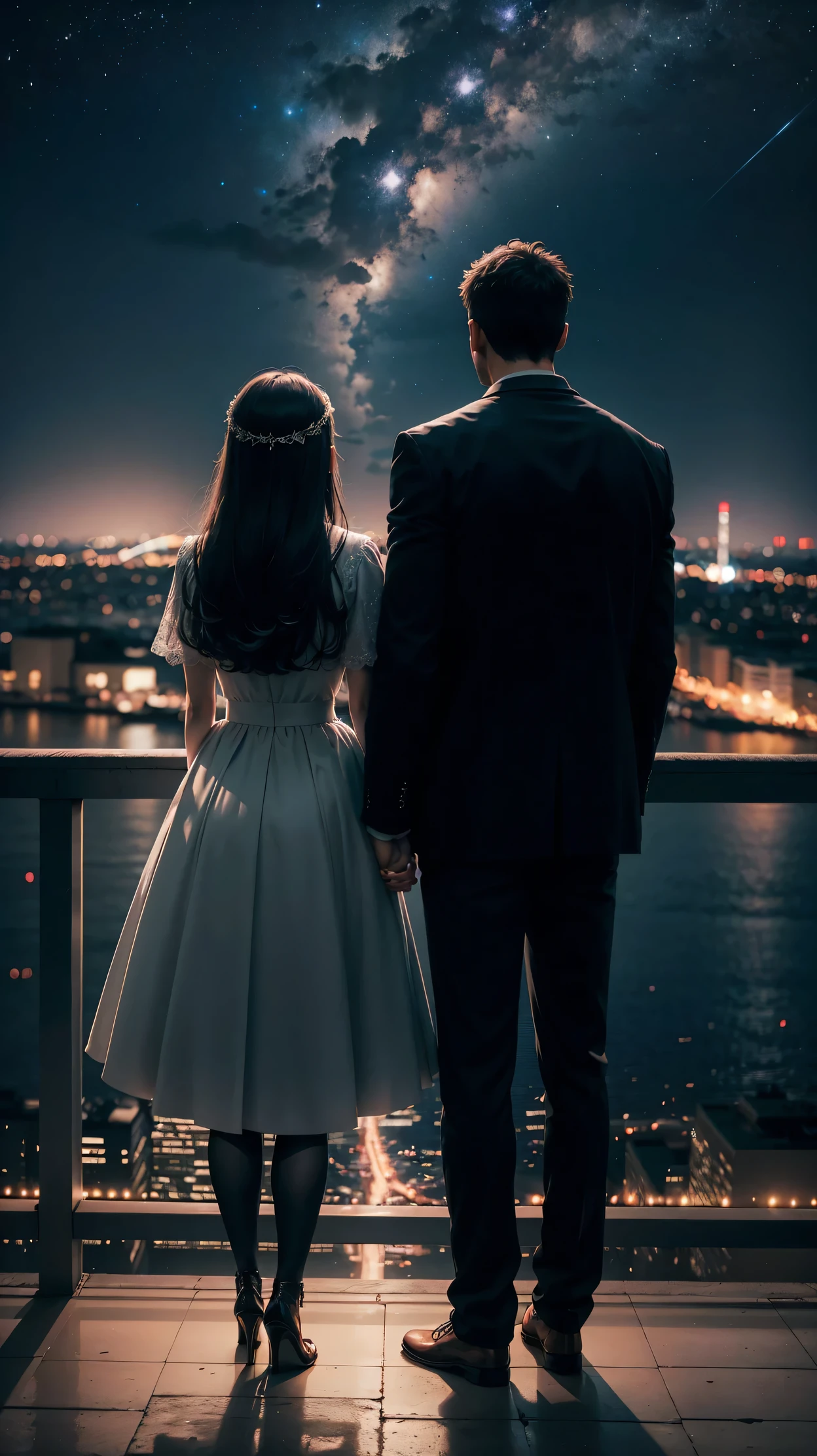 A couple stands against the backdrop of the night sky, creating a beautifully romantic scene adding an air of mystery to the romantic scene, the night sky and city lights, (Raw photo, highest quality), (8K, highest quality, masterpiece: 1.2), Super detailed, super resolution