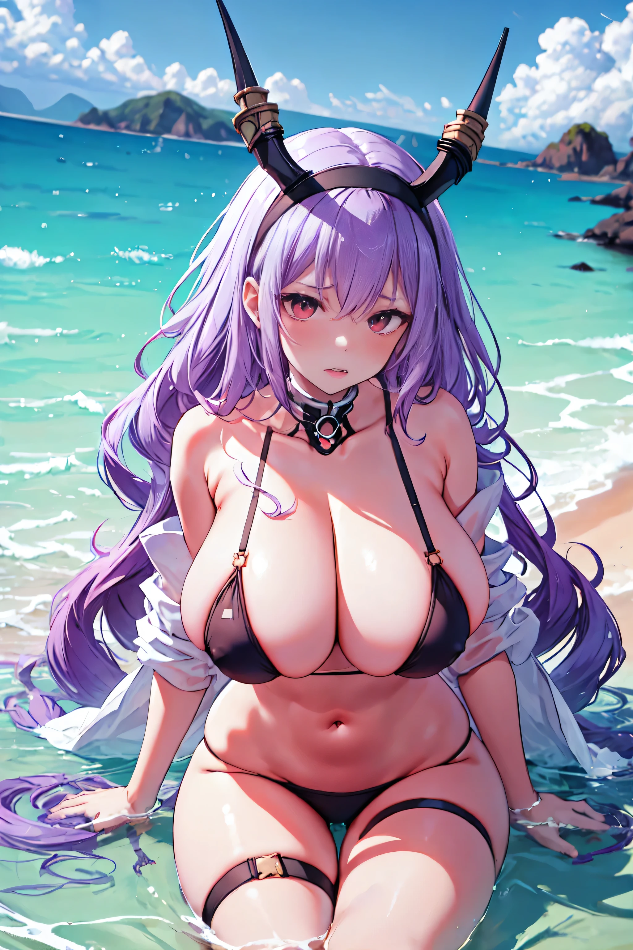 Typhon| Arc Knight, Masterpiece, best quality, 1 woman,25 years old ,micro mini bikini small, micro mini bikini covering only the nipples,  gigantic breasts, Huge, enormous breasts, large breasts shrugged, My hair is very long., headband, purple hair, proportion body, proportion, show your , Water set, This micro bikini,micro mini bikini, Lying on the beach with exciting challenges, Not clear. ,only, beautiful sea, The sky is beautiful, Looking at the audience from the front, thigh strap, tilt your head, bored, 10, 10, high resolution, Show off serious design, expression of anger, Expressing dissatisfaction , Very angry. , 