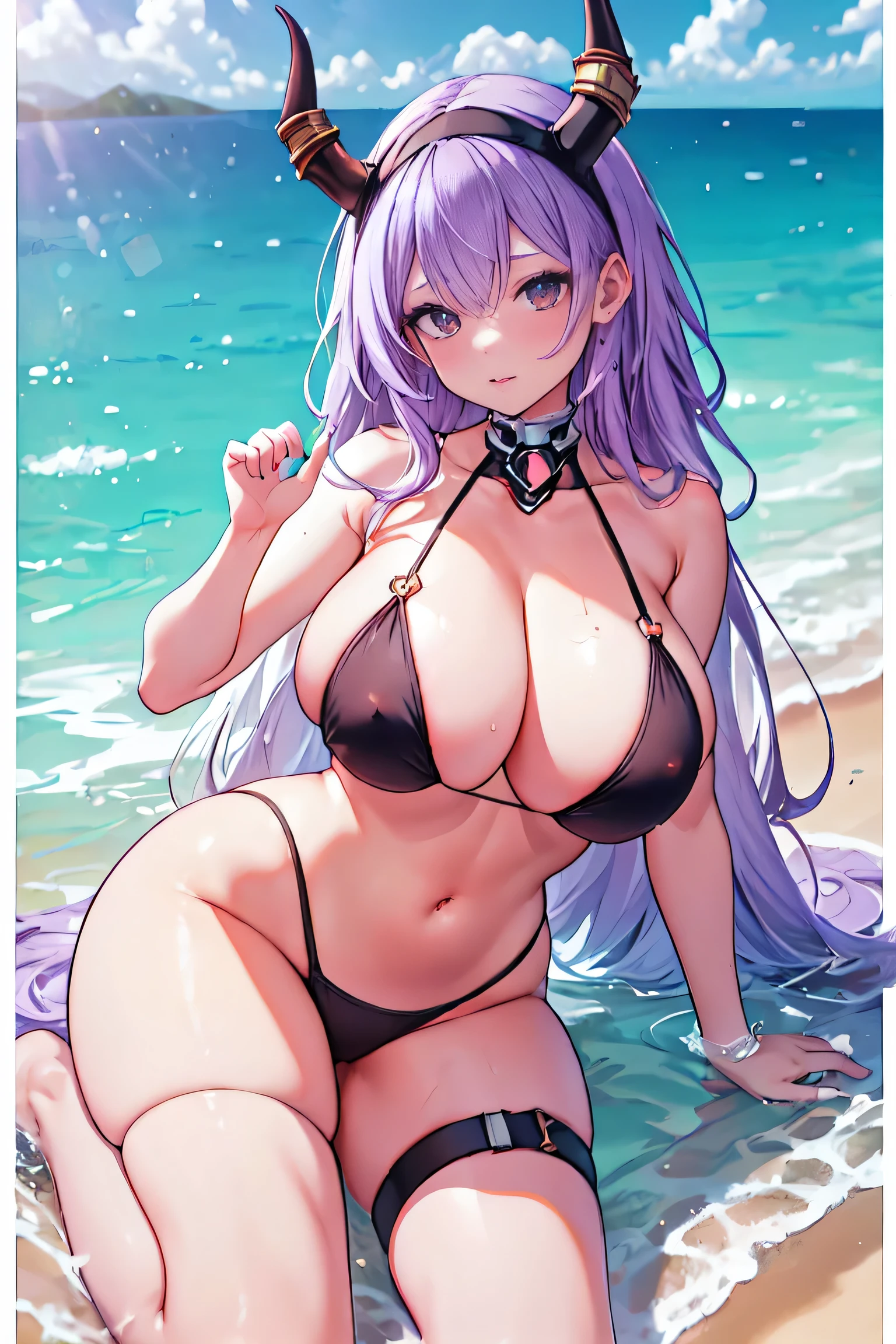Typhon| Arc Knight, Masterpiece, best quality, 1 woman,25 years old ,micro mini bikini small, micro mini bikini covering only the nipples, gigantic breasts, Huge, enormous breasts, large breasts shrugged, My hair is very long., headband, purple hair, proportion body, proportion, show your , Water set, This micro bikini,micro mini bikini, Lying on the beach with exciting challenges, Not clear. ,only, beautiful sea, The sky is beautiful, Looking at the audience from the front, thigh strap, tilt your head, bored, 10, 10, high resolution, Show off serious design, Show acceptance to the audience, Expresses a great deal of love for the audience., in heart shaped eyes,