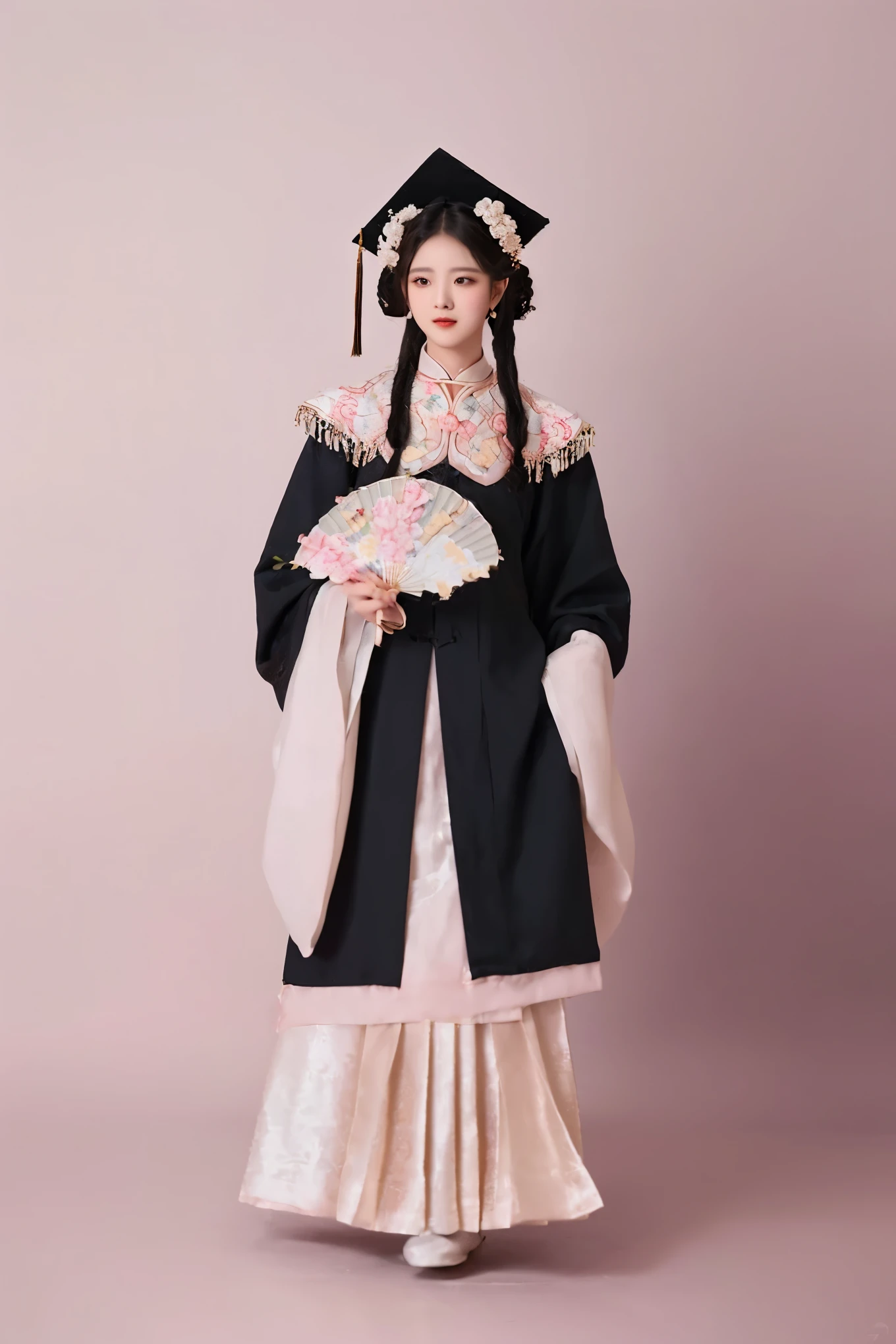 A woman in graduation gown、Close-up of woman holding fan, palace , a girl in Hanfu, , Hanfu, Wearing Chinese clothes, 穿着Chinese Clothing, Chinese Clothing, Traditional Beauty, white Hanfu, Chinese Princess, Traditional clothing, Traditional clothing