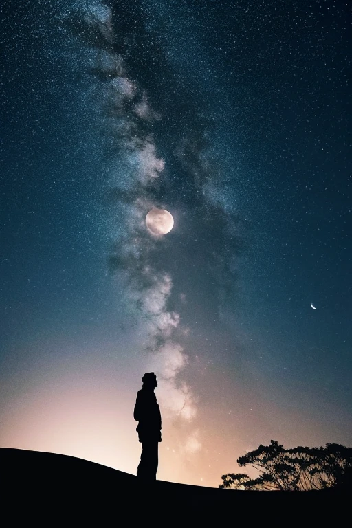 highest quality,Big moon and shadow,A silhouette of a person can be seen against the backdrop of a large moon.,There is one full moon,There is a mood,Beautiful scenery,Starry Sky