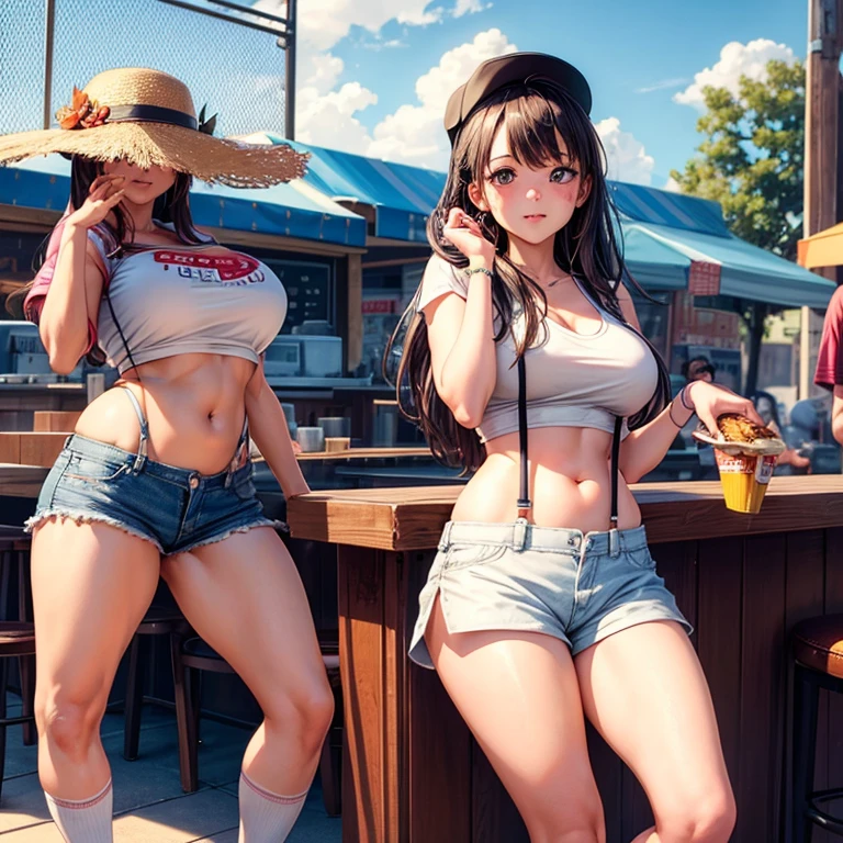 Girl eating tacos at a bar Wear sneakers High leg low rise shorts with suspenders Large Breasts Showing your belly button Knee-high socks No underwear Belt on chest There's a glass of tequila