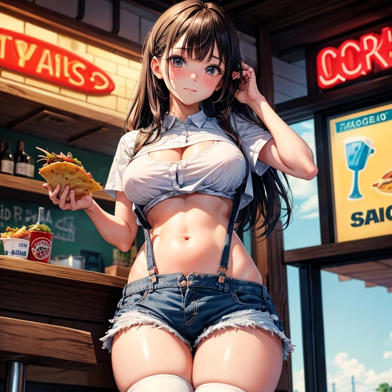 Girl eating tacos at a bar Wear sneakers High leg low rise shorts with suspenders Large Breasts Showing your belly button Knee-high socks No underwear Belt on chest There's a glass of tequila