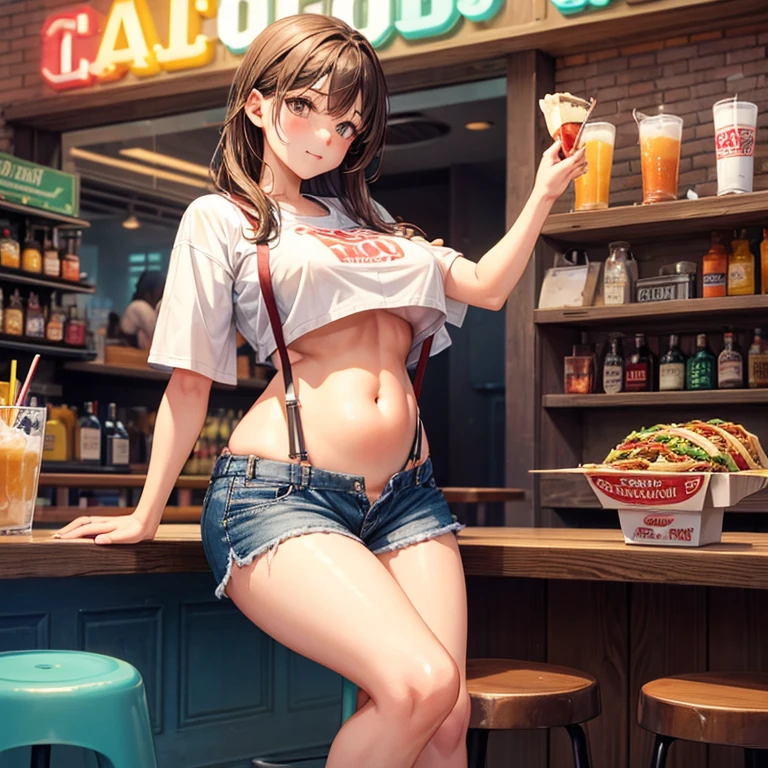 Girl eating tacos at a bar　Wear sneakers　High leg low rise shorts with suspenders　Large Breasts　Showing your belly button　　Knee-high socks　　No underwear　Belt on chest　There&#39;s a glass of tequila