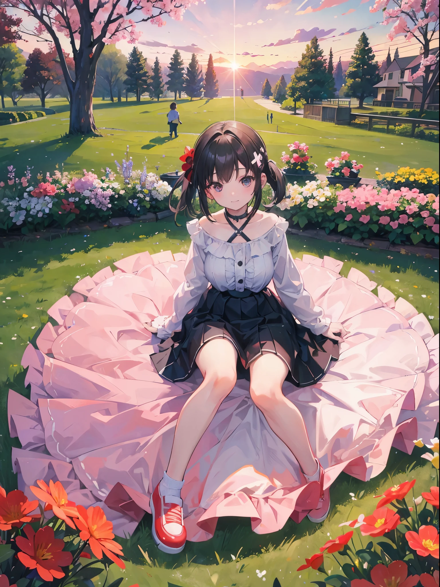 many kids, kids playing on a beautiful park, sunset, surrounded by flowers, spring. red cross, high res, ultrasharp, 8k, masterpiece