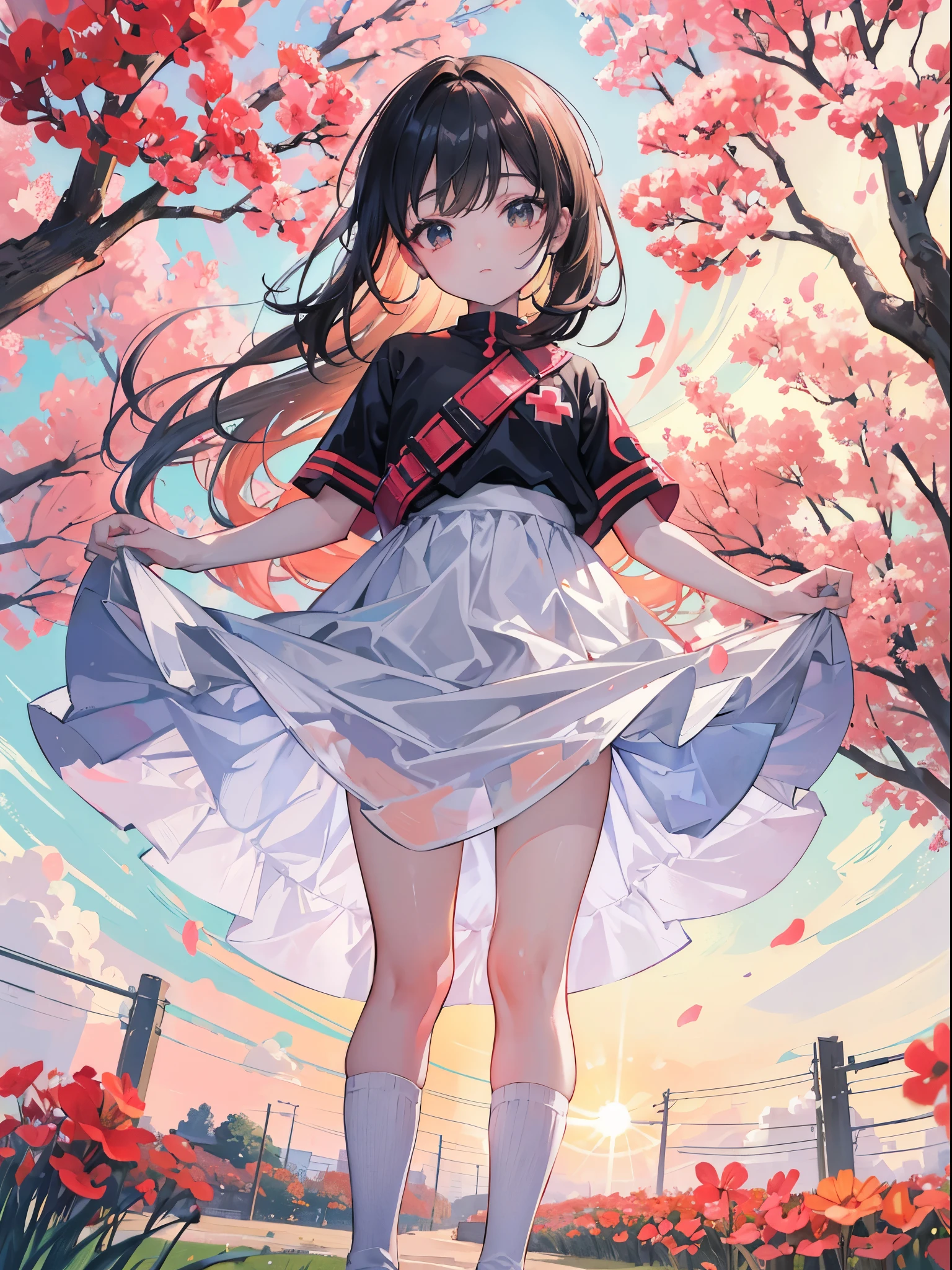 many kids, kids playing on a beautiful park, sunset, surrounded by flowers, spring. red cross, high res, ultrasharp, 8k, masterpiece