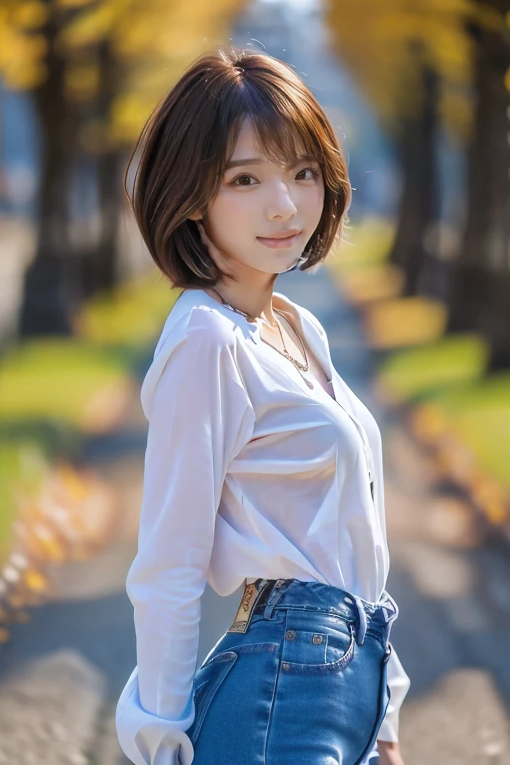 ((18 year old girl))、(highest quality、Tabletop、8k、Best image quality、Award-winning works)、1. Beautiful 、(Polyester collared long sleeve shirt:1.1)、(Red ribbon on the chest:1.1)、(Slim denim:1.5)、(Standing Elegantly:1.1)、(Full body photo from head to foot:1.5)、(Long legs:1.3)、The most detailed and perfect face、Realistic, ((Realistic natural orange red hairstyle, Realistic blue eyes)), ( Short Bob Hair:1.5), (necklace:1.5)、(Very long stockings:1.2)、Big Breasts、Accentuate your body lines、(Look at me with your best smile:1.5)、Rural mountain surrounded by strongly blurred nature々Background of a narrow school road、Brightly lit face、Ultra-high definition beauty face、Ultra high resolution perfect beautiful teeth、Ultra HD Hair、(Beautiful skin that stands out in ultra-high resolution:1.1)、Ultra-high quality glossy lips、(very bright and vivid:1.1)、(Accurate anatomy:1.1)