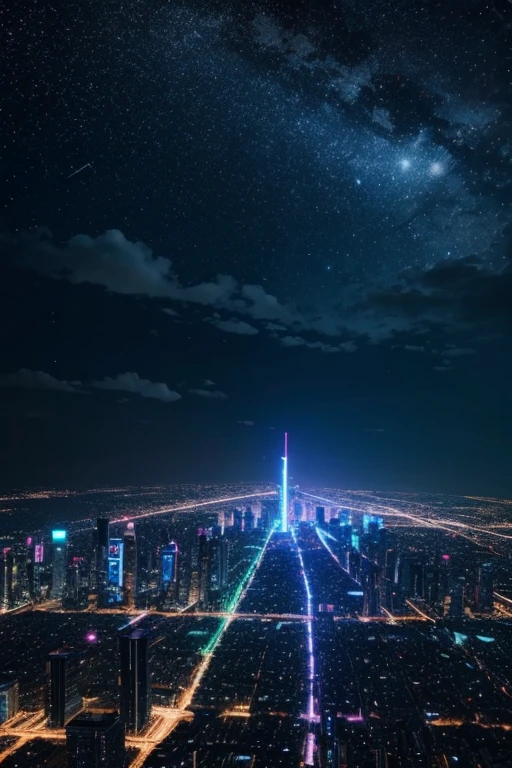 highest quality、Futuristic City、neon、Beautiful night view、colorful、Starry Sky、moon