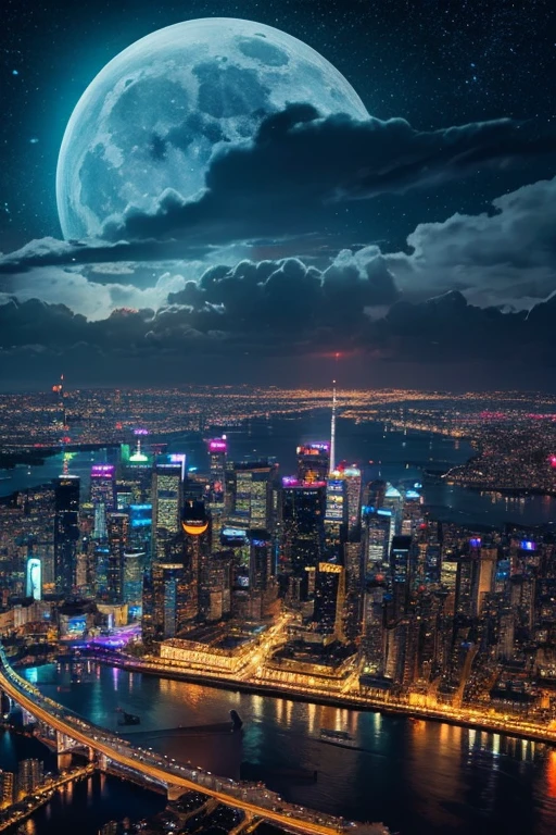 highest quality、Futuristic City、neon、Beautiful night view、colorful、Starry Sky、moon