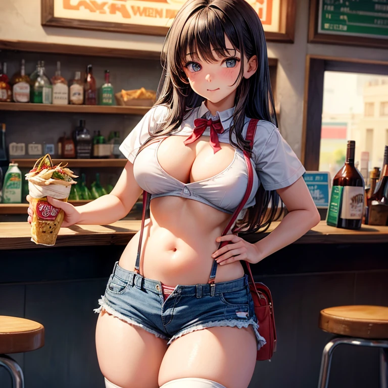 Girl eating tacos at a bar Wear sneakers High leg low rise shorts with suspenders Large Breasts Showing your belly button Knee-high socks No underwear Belt on chest There's a glass of tequila