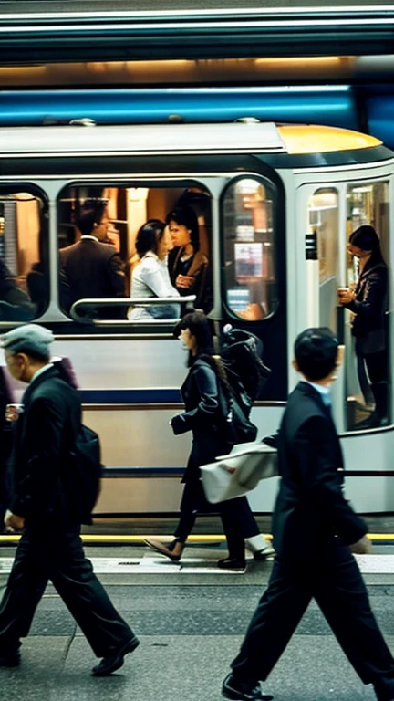 Rush hour and urban vibrancy　Crowded trains、Businessmen and career women walking busily、Urban streets。Vibrancy and tension、I feel a little impatient　