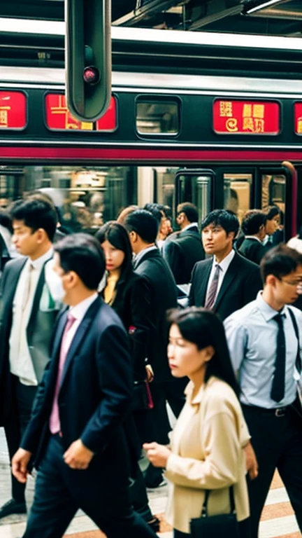 Rush hour and urban vibrancy　Crowded trains、Businessmen and career women walking busily、Urban streets。Vibrancy and tension、I feel a little impatient　