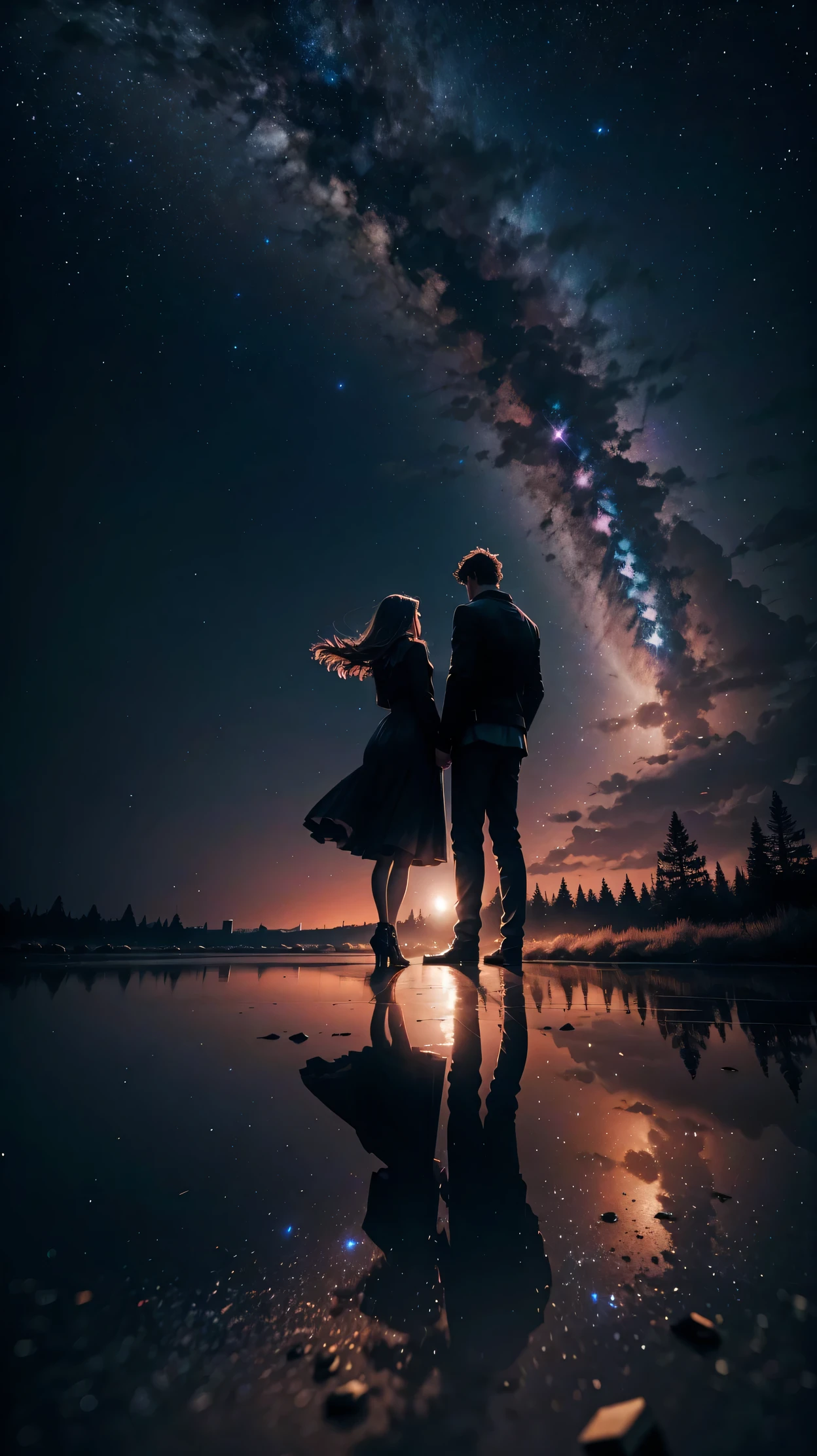 A couple stands against the backdrop of the night sky, creating a beautifully romantic scene adding an air of mystery to the romantic scene, the night sky and city lights, (Raw photo, highest quality), (8K, highest quality, masterpiece: 1.2), Super detailed, super resolution