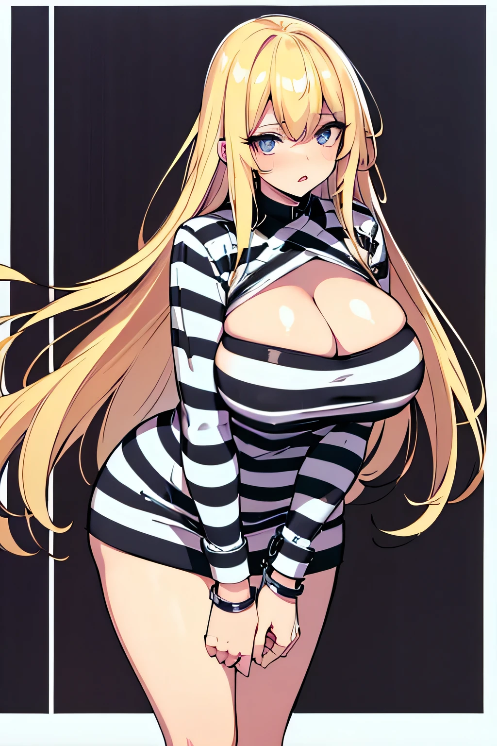 Long blonde hair, handcuffed, arrested, mature female, milf, big breasts ,40 years old, prison uniform, prisoner, black and white stripe prison uniform, waifu material, mature