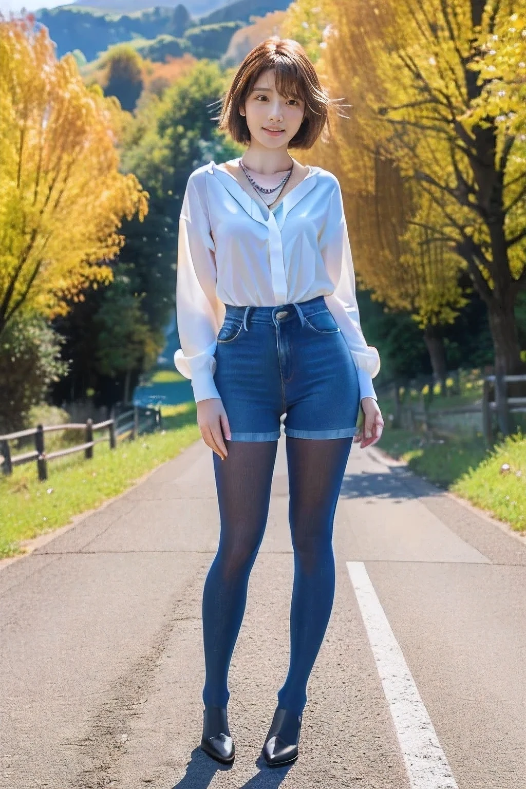 ((18 year old girl))、(highest quality、Tabletop、8k、Best image quality、Award-winning works)、1. Beautiful 、(Polyester collared long sleeve shirt:1.1)、(Red ribbon on the chest:1.1)、(Slim denim:1.5)、(Standing Elegantly:1.1)、(Full body photo from head to foot:1.5)、(Long legs:1.3)、The most detailed and perfect face、Realistic, ((Realistic natural orange red hairstyle, Realistic blue eyes)), ( Short Bob Hair:1.5), (necklace:1.5)、(Very long stockings:1.2)、Big Breasts、Accentuate your body lines、(Look at me with your best smile:1.5)、Rural mountain surrounded by strongly blurred nature々Background of a narrow school road、Brightly lit face、Ultra-high definition beauty face、Ultra high resolution perfect beautiful teeth、Ultra HD Hair、(Beautiful skin that stands out in ultra-high resolution:1.1)、Ultra-high quality glossy lips、(very bright and vivid:1.1)、(Accurate anatomy:1.1)