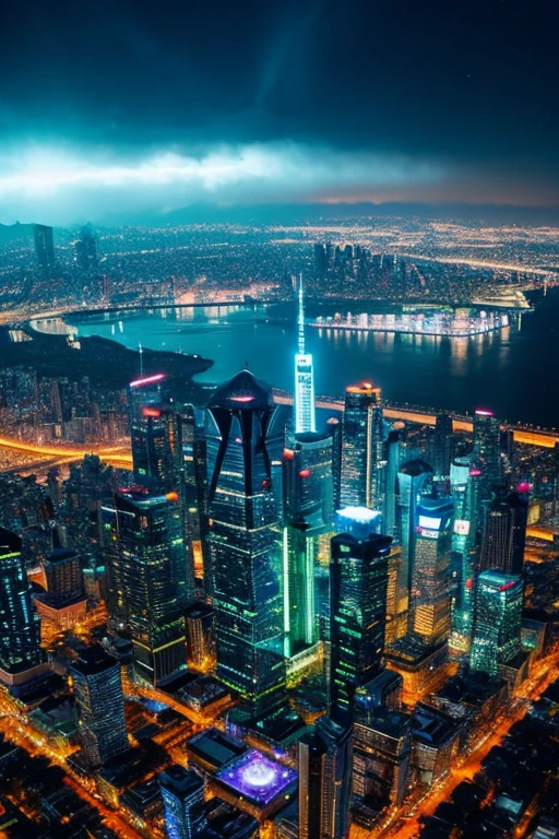 highest quality、Futuristic City、neon、Beautiful night view、colorful、Starry Sky、moon