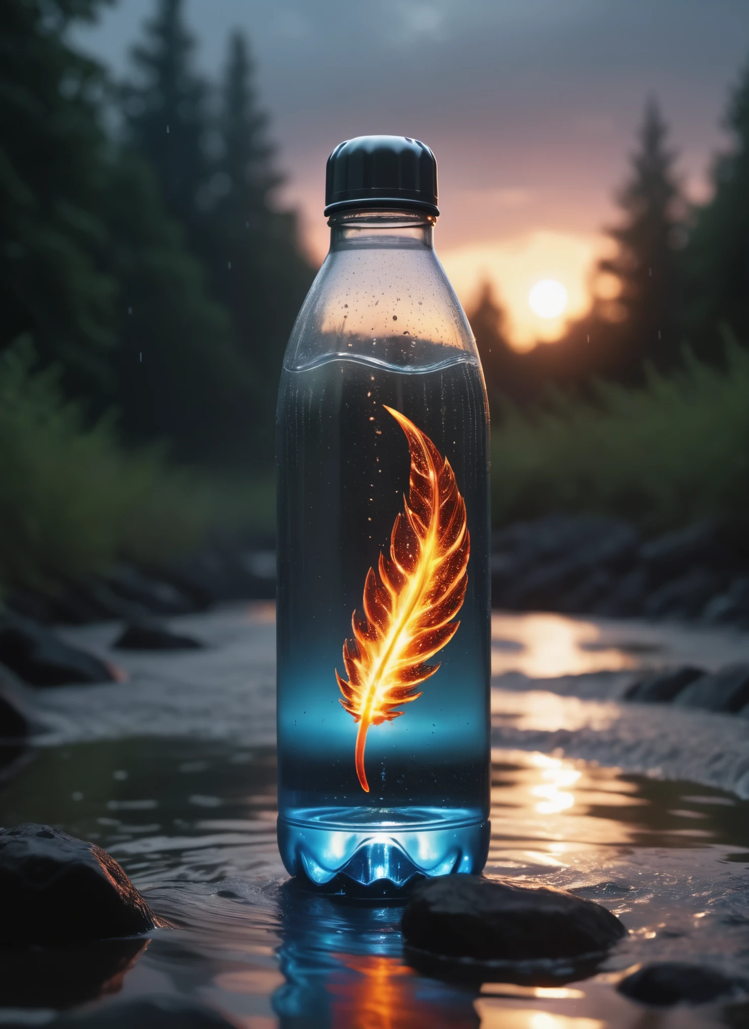 Esaias van de Velde, ral-embrglt макрофото, Beautiful cinematic shot of a water bottle, glowing lights, beautiful magic sparkles, Eclipse of Fire, bright fancy colors, Riarmudi lighting,sharp and in focus,8K, visual novel,moody lighting, Diamond Dive, transparent wings, rain, Smoke rises from the coals, Middle of the stream, Stretches fashion, Direct dark lighting,